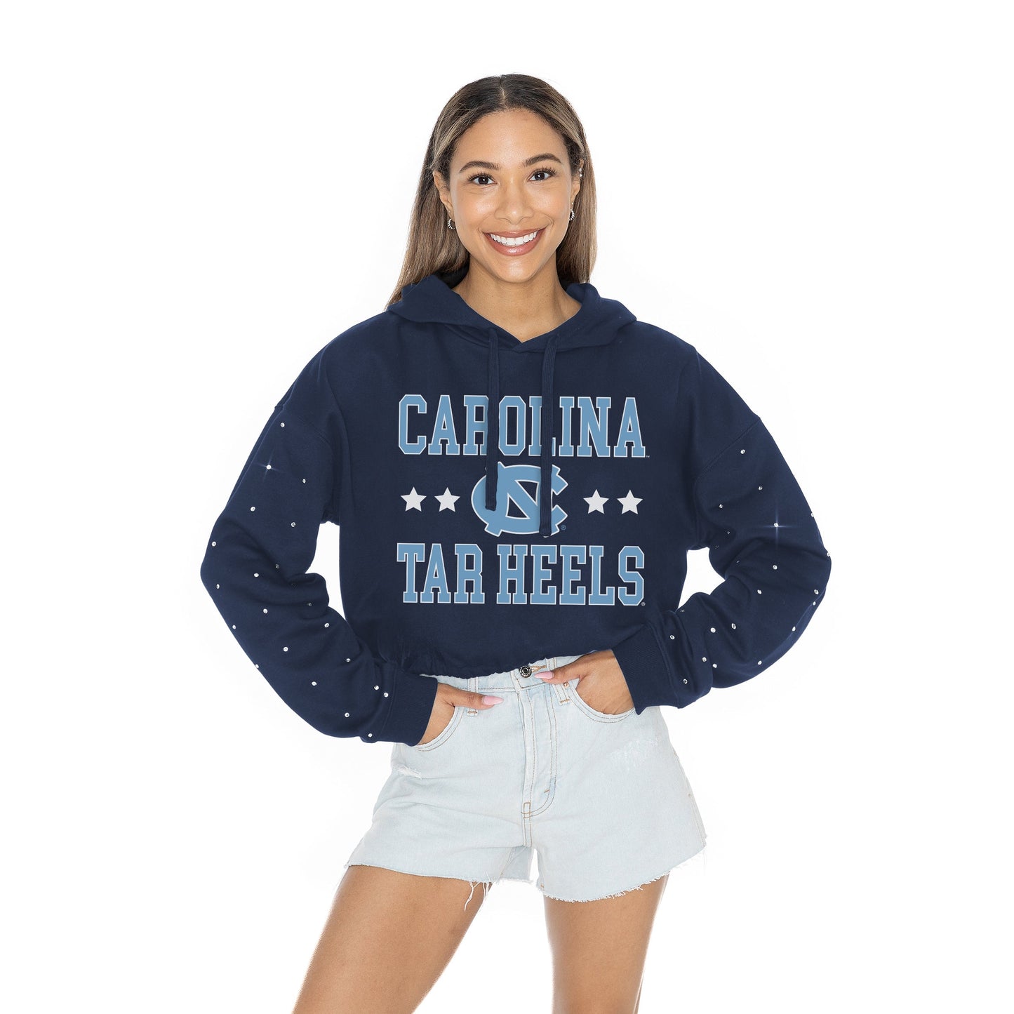 NORTH CAROLINA TAR HEELS LIKE A STAR LONG SLEEVE SCRUNCH WAISTBAND HOODIE WITH RHINESTONE SLEEVE DETAIL