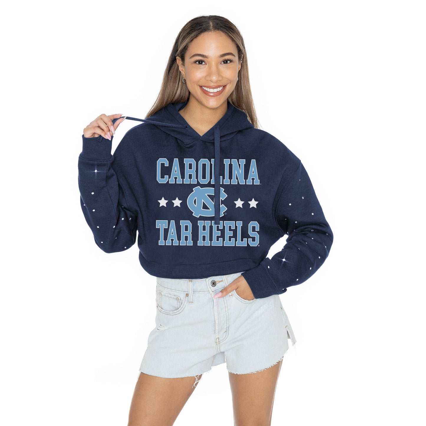 NORTH CAROLINA TAR HEELS LIKE A STAR LONG SLEEVE SCRUNCH WAISTBAND HOODIE WITH RHINESTONE SLEEVE DETAIL