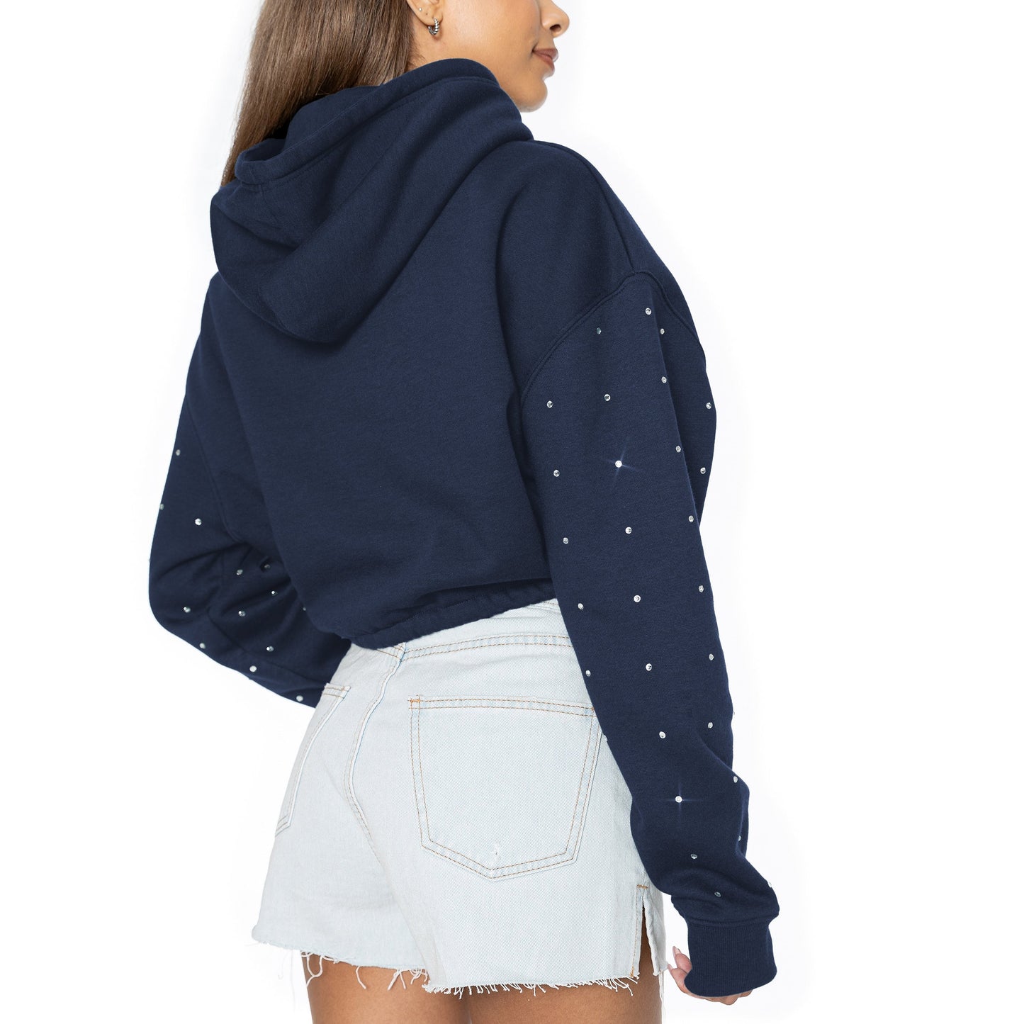 NORTH CAROLINA TAR HEELS LIKE A STAR LONG SLEEVE SCRUNCH WAISTBAND HOODIE WITH RHINESTONE SLEEVE DETAIL