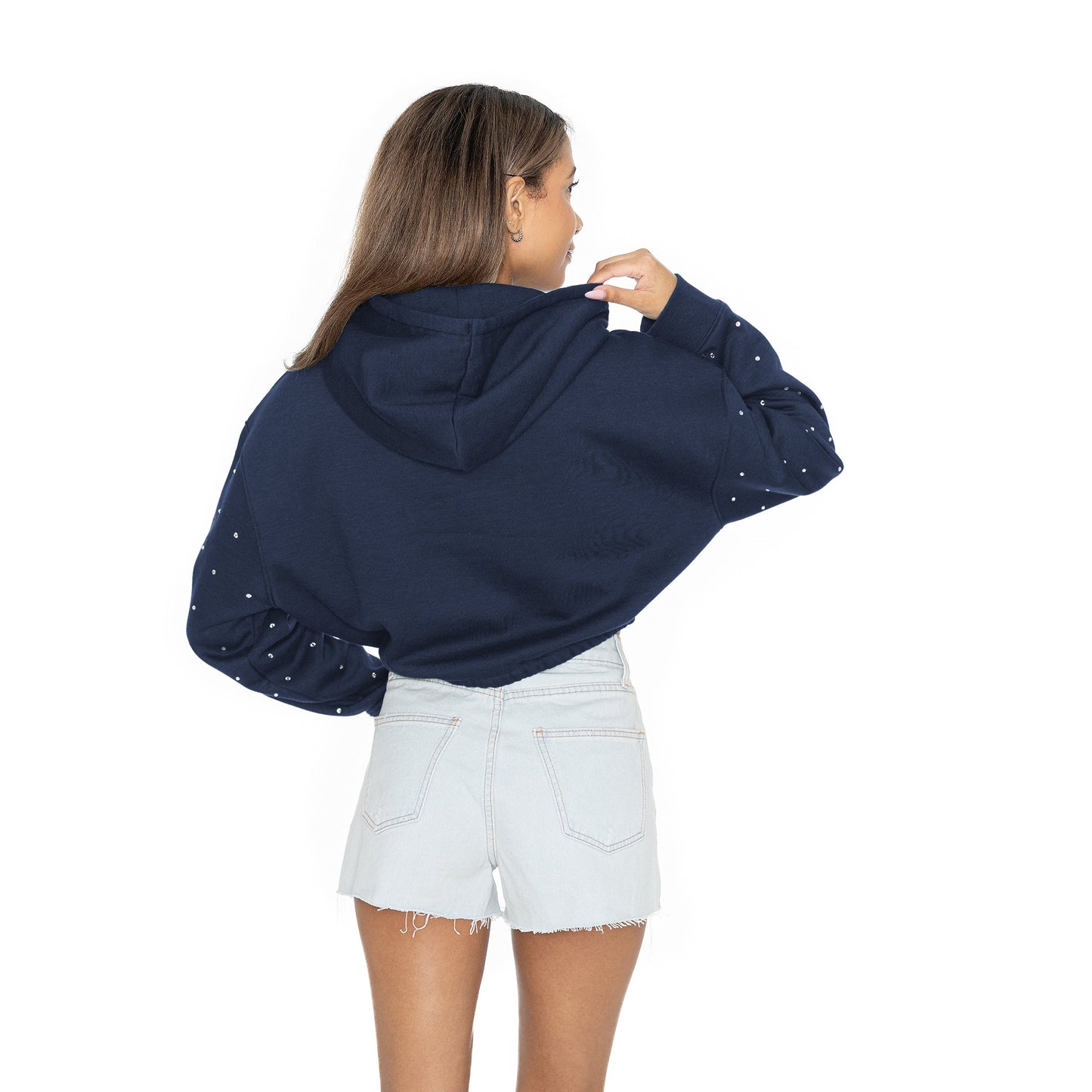 NORTH CAROLINA TAR HEELS LIKE A STAR LONG SLEEVE SCRUNCH WAISTBAND HOODIE WITH RHINESTONE SLEEVE DETAIL