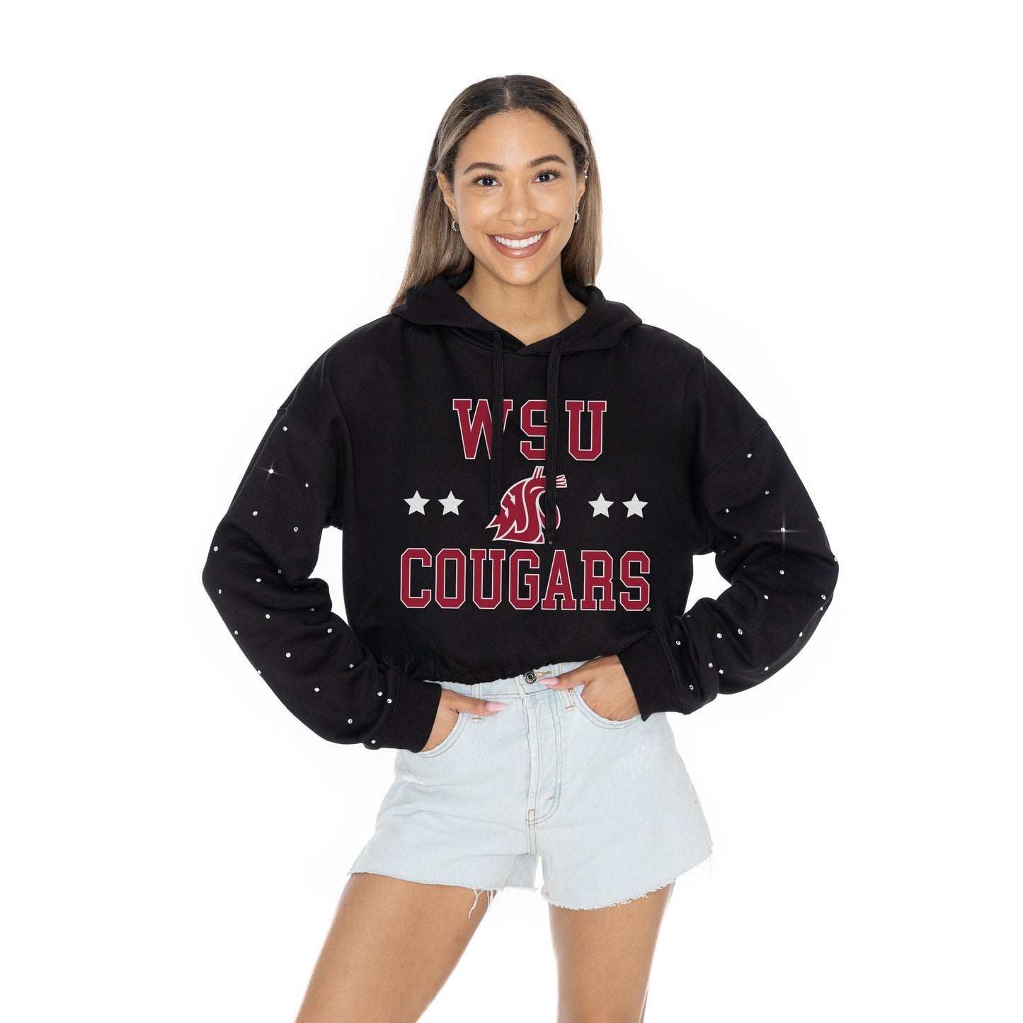 WASHINGTON STATE COUGARS LIKE A STAR LONG SLEEVE SCRUNCH WAISTBAND HOODIE WITH RHINESTONE SLEEVE DETAIL