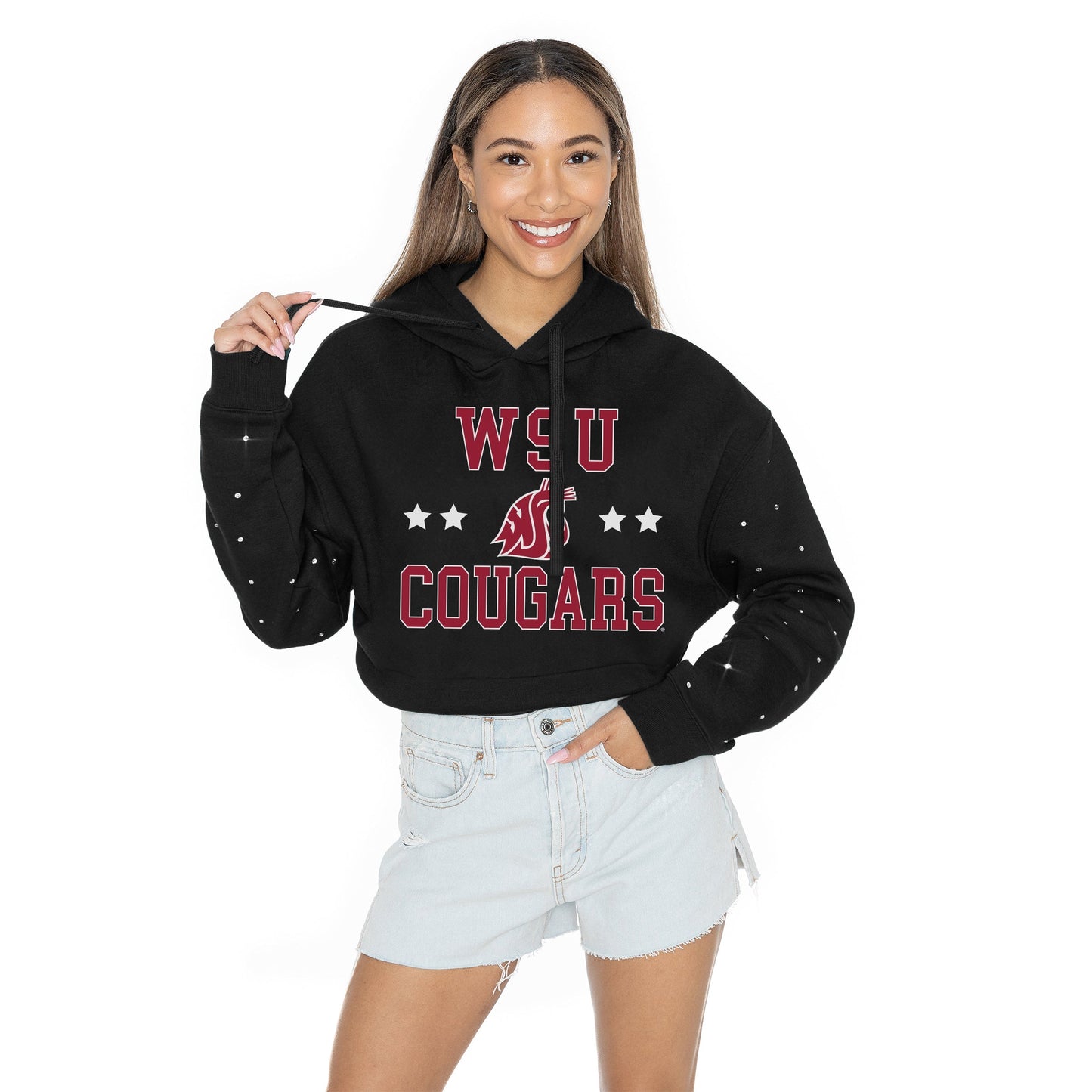 WASHINGTON STATE COUGARS LIKE A STAR LONG SLEEVE SCRUNCH WAISTBAND HOODIE WITH RHINESTONE SLEEVE DETAIL