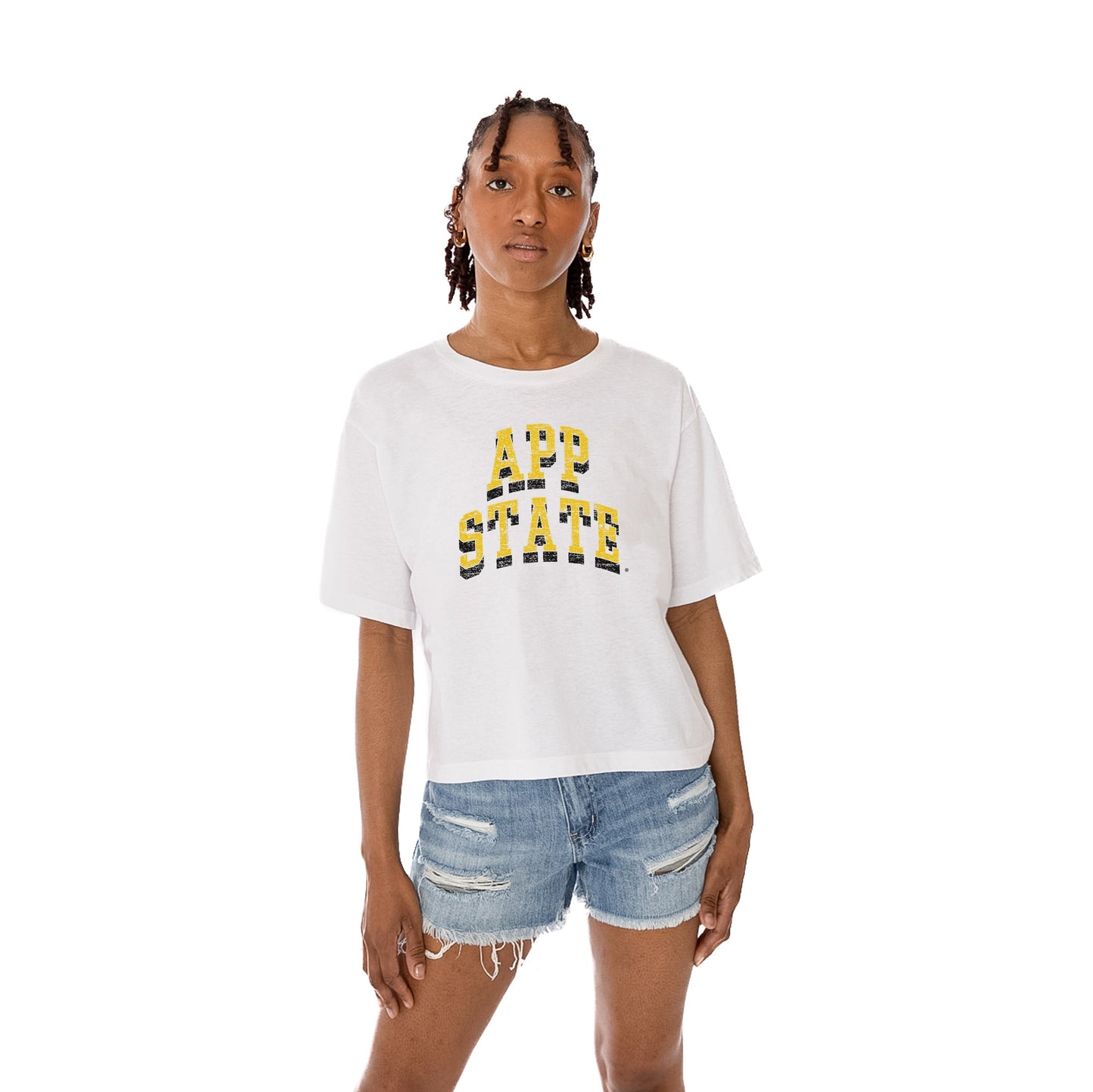 APPALACHIAN STATE MOUNTAINEERS CLAIM TO FAME WOMEN'S MIDI-LENGTH, BOXY FIT CROPPED TEE WITH DROP SHOULDER SLEEVE