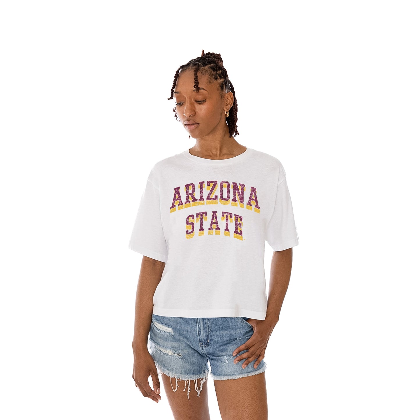 ARIZONA STATE SUN DEVILS CLAIM TO FAME WOMEN'S MIDI-LENGTH, BOXY FIT CROPPED TEE WITH DROP SHOULDER SLEEVE