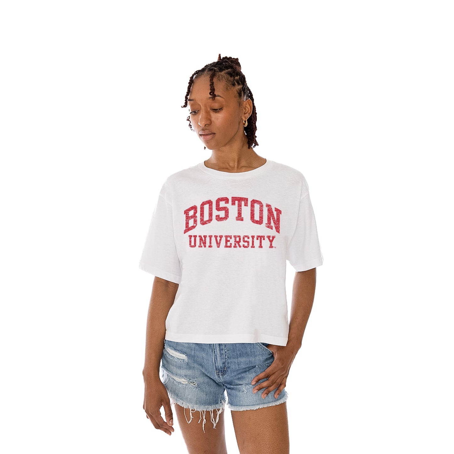 BOSTON UNIVERSITY TERRIERS CLAIM TO FAME WOMEN'S MIDI-LENGTH, BOXY FIT CROPPED TEE WITH DROP SHOULDER SLEEVE