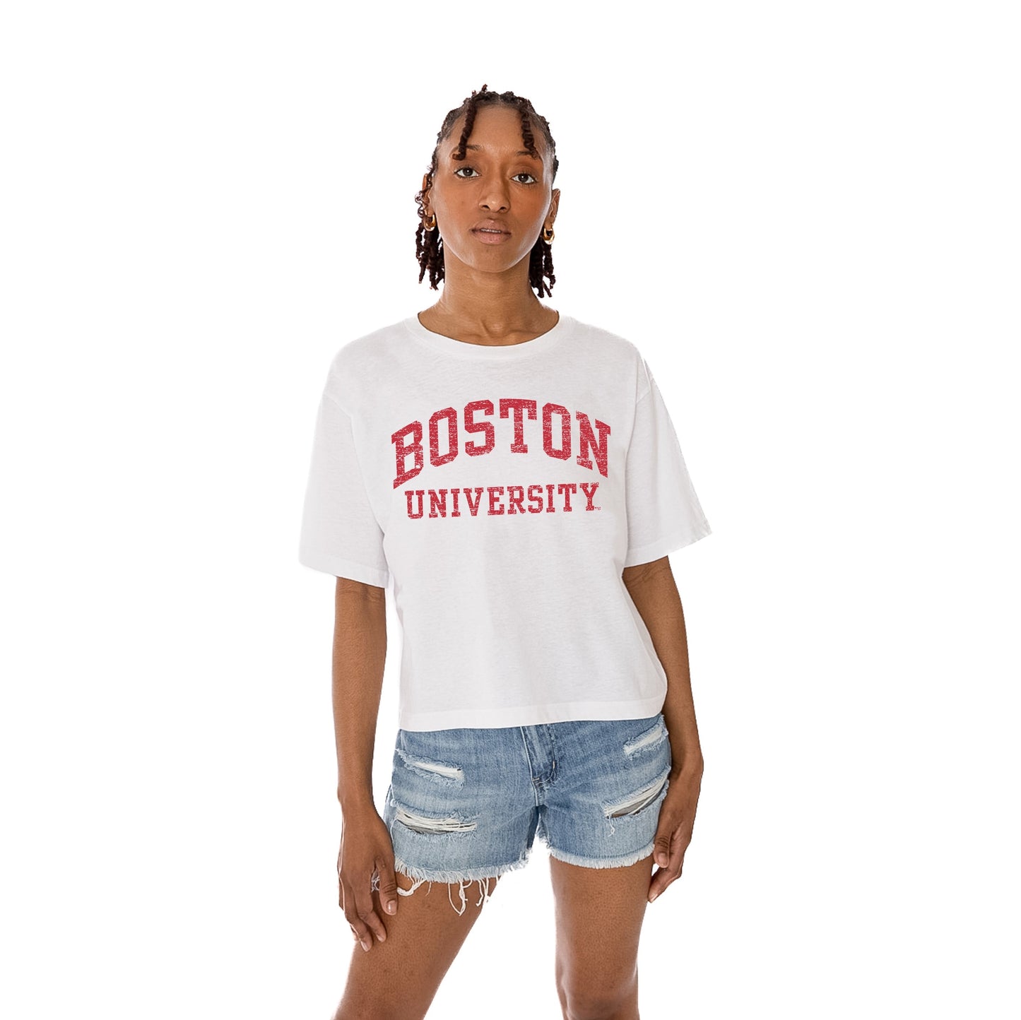 BOSTON UNIVERSITY TERRIERS CLAIM TO FAME WOMEN'S MIDI-LENGTH, BOXY FIT CROPPED TEE WITH DROP SHOULDER SLEEVE
