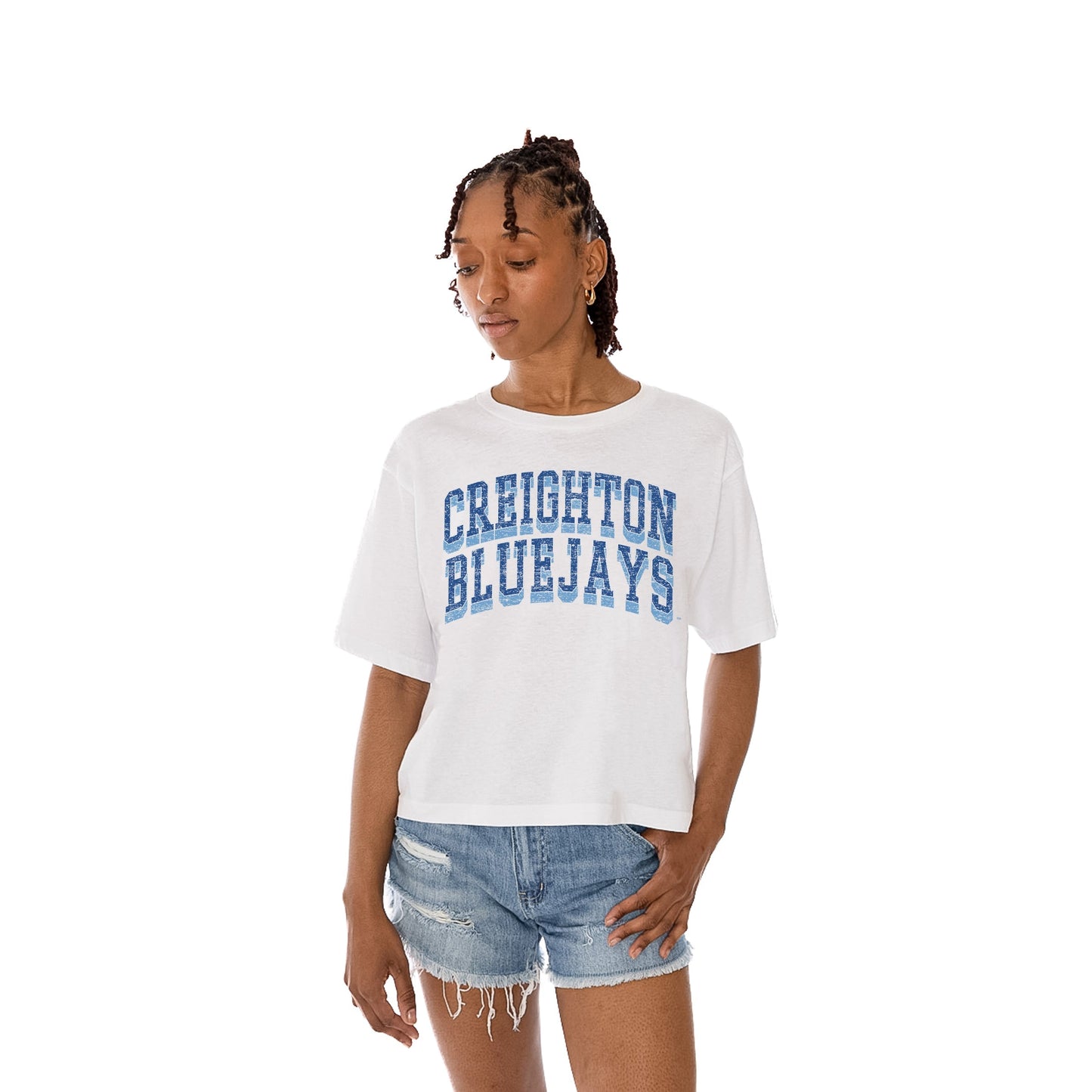 CREIGHTON BLUEJAYS CLAIM TO FAME WOMEN'S MIDI-LENGTH, BOXY FIT CROPPED TEE WITH DROP SHOULDER SLEEVE