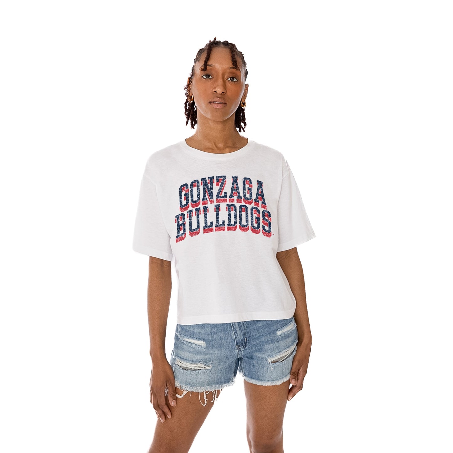 GONZAGA BULLDOGS CLAIM TO FAME WOMEN'S MIDI-LENGTH, BOXY FIT CROPPED TEE WITH DROP SHOULDER SLEEVE