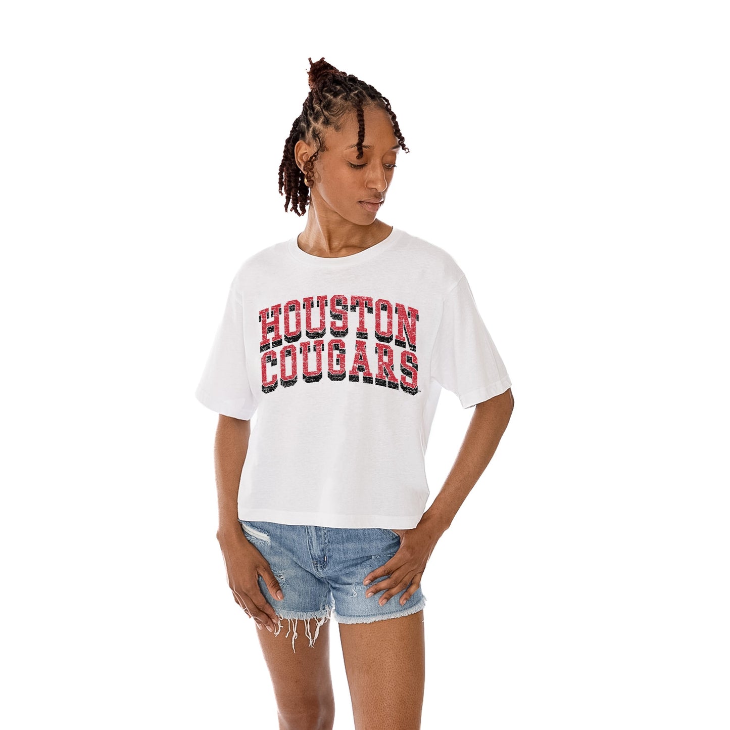 HOUSTON COUGARS CLAIM TO FAME WOMEN'S MIDI-LENGTH, BOXY FIT CROPPED TEE WITH DROP SHOULDER SLEEVE