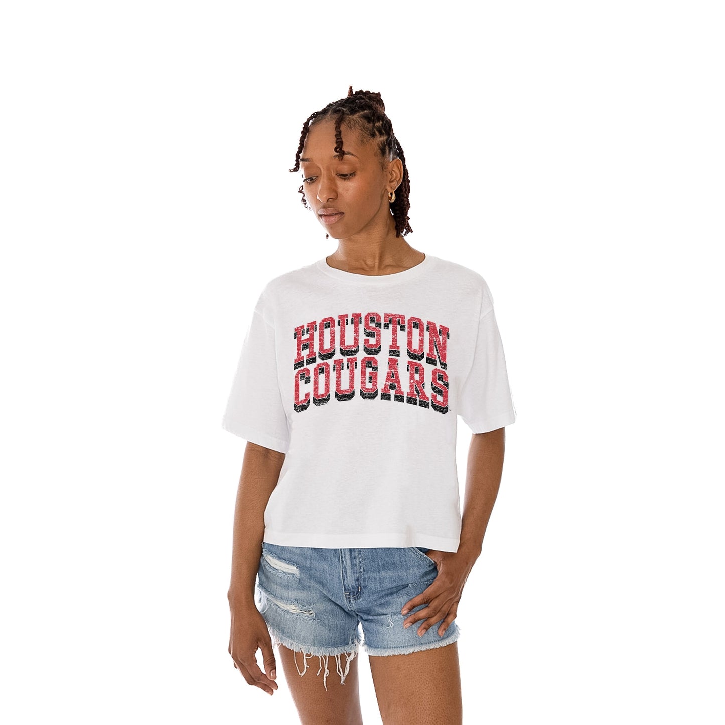 HOUSTON COUGARS CLAIM TO FAME WOMEN'S MIDI-LENGTH, BOXY FIT CROPPED TEE WITH DROP SHOULDER SLEEVE