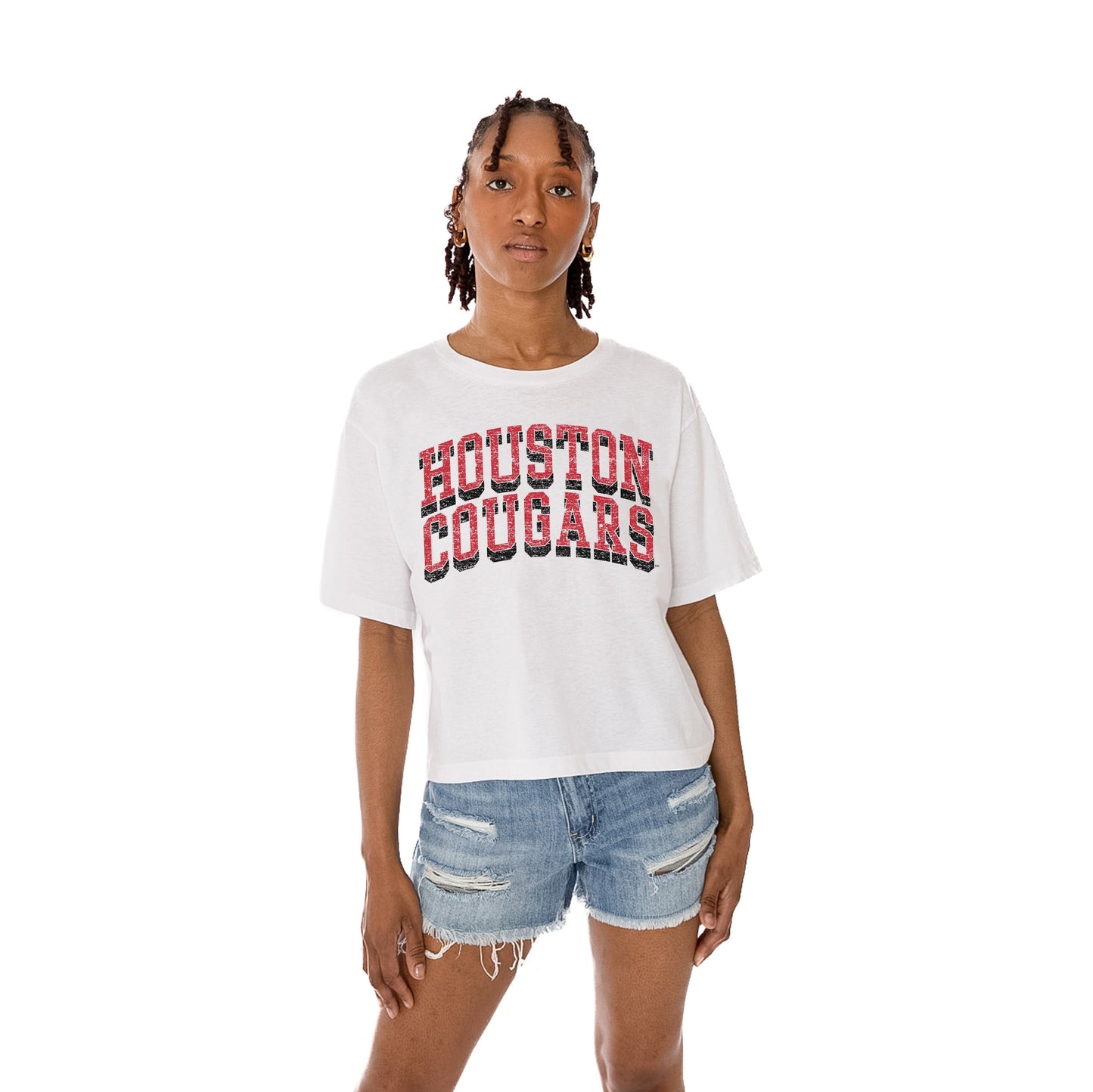 HOUSTON COUGARS CLAIM TO FAME WOMEN'S MIDI-LENGTH, BOXY FIT CROPPED TEE WITH DROP SHOULDER SLEEVE