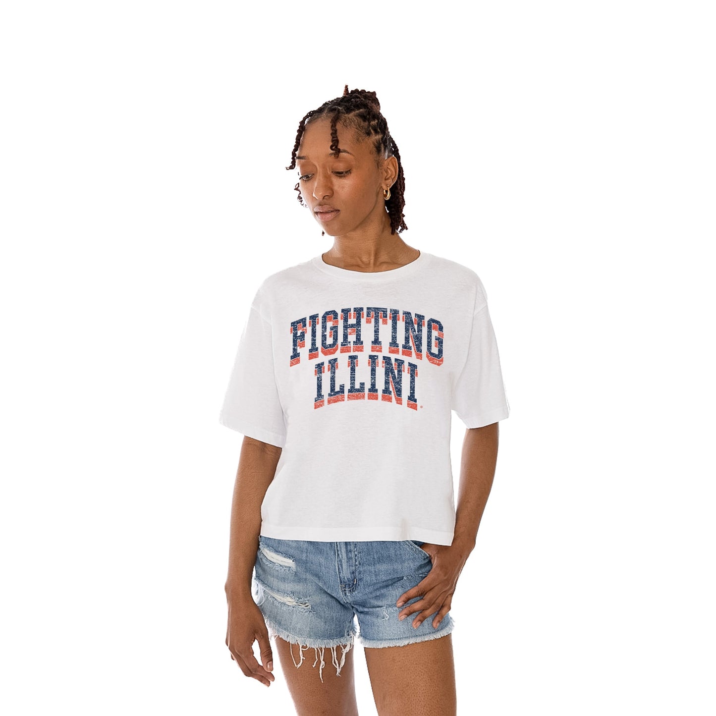 ILLINOIS FIGHTING ILLINI CLAIM TO FAME WOMEN'S MIDI-LENGTH, BOXY FIT CROPPED TEE WITH DROP SHOULDER SLEEVE
