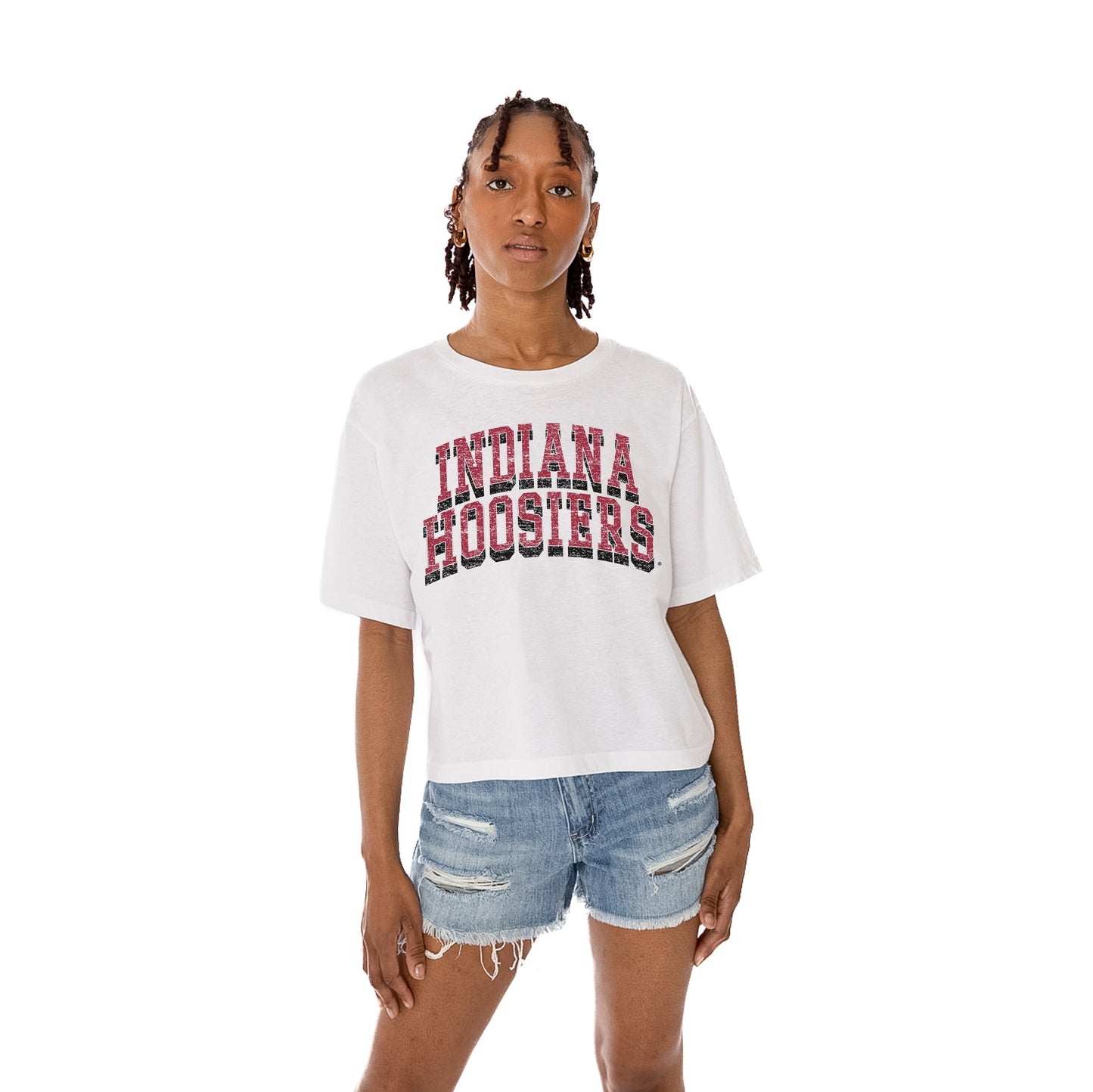 INDIANA HOOSIERS CLAIM TO FAME WOMEN'S MIDI-LENGTH, BOXY FIT CROPPED TEE WITH DROP SHOULDER SLEEVE