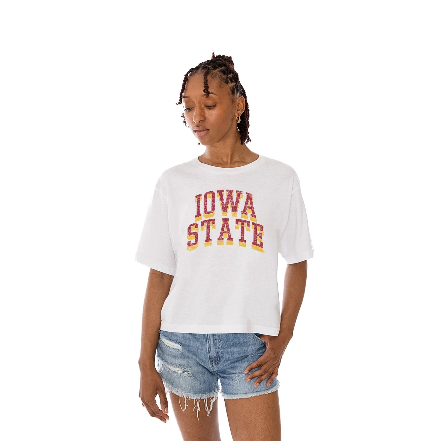 IOWA STATE CYCLONES CLAIM TO FAME WOMEN'S MIDI-LENGTH, BOXY FIT CROPPED TEE WITH DROP SHOULDER SLEEVE