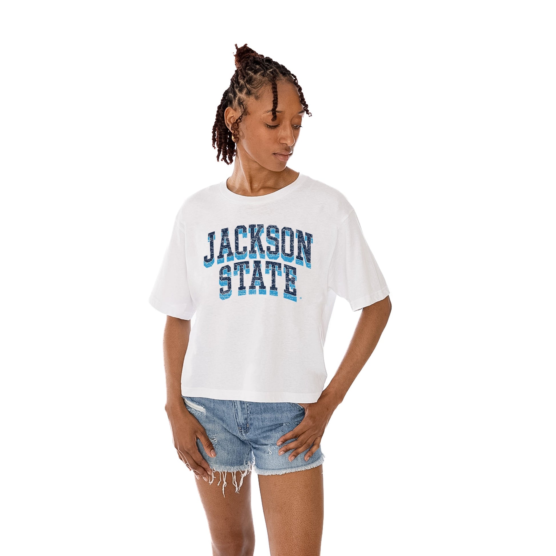 JACKSON STATE TIGERS CLAIM TO FAME WOMEN'S MIDI-LENGTH, BOXY FIT CROPPED TEE WITH DROP SHOULDER SLEEVE