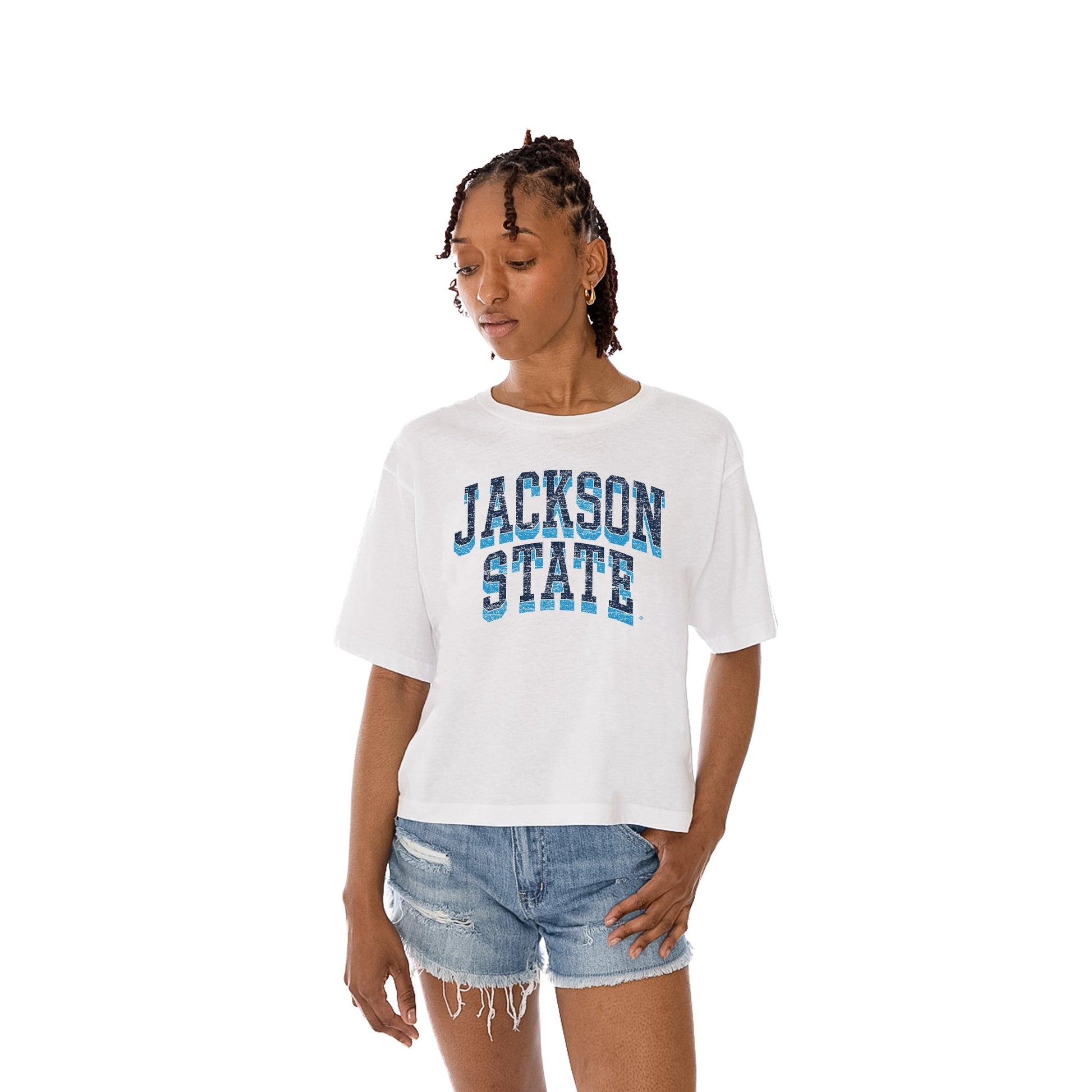 JACKSON STATE TIGERS CLAIM TO FAME WOMEN'S MIDI-LENGTH, BOXY FIT CROPPED TEE WITH DROP SHOULDER SLEEVE