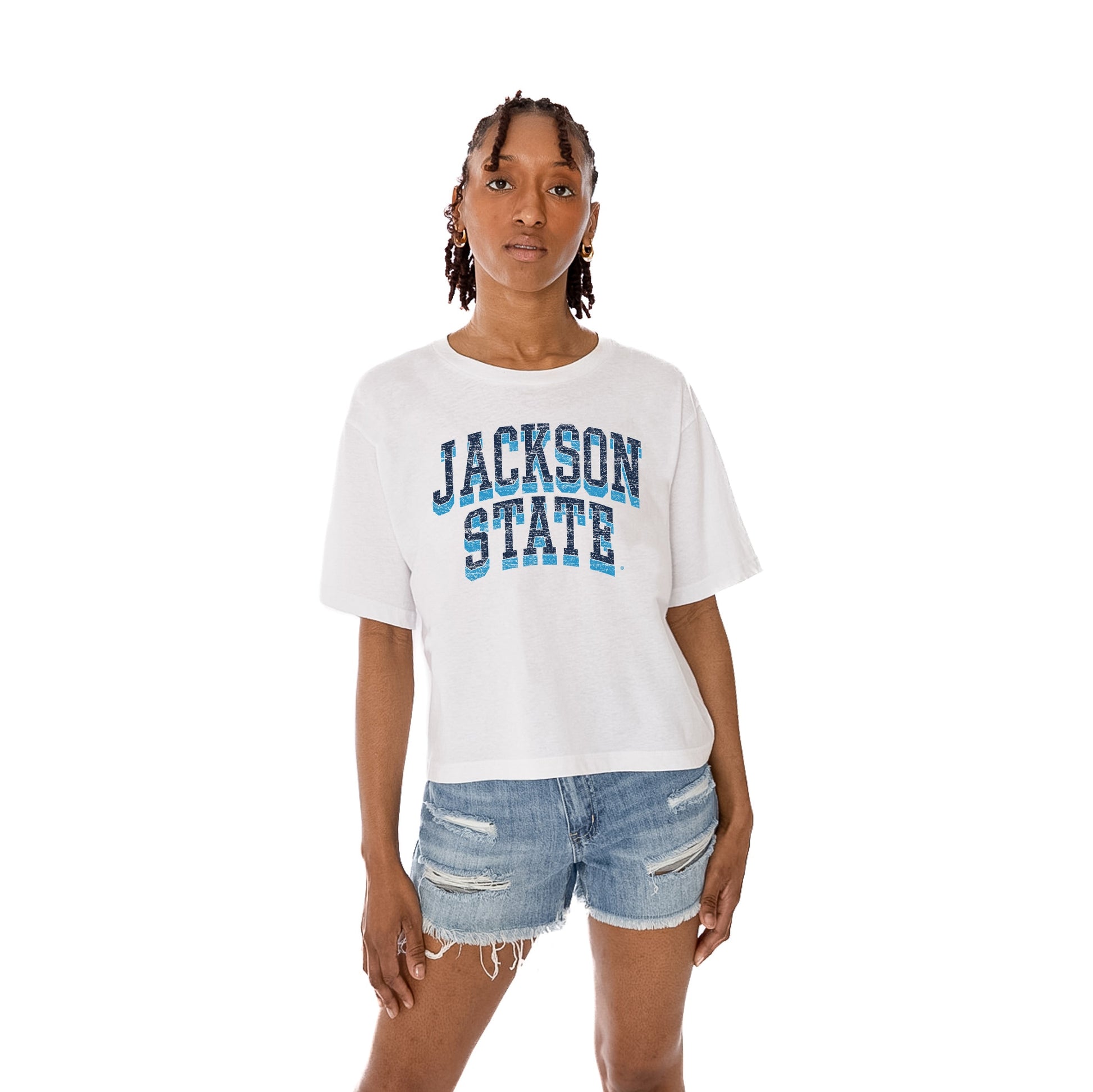JACKSON STATE TIGERS CLAIM TO FAME WOMEN'S MIDI-LENGTH, BOXY FIT CROPPED TEE WITH DROP SHOULDER SLEEVE