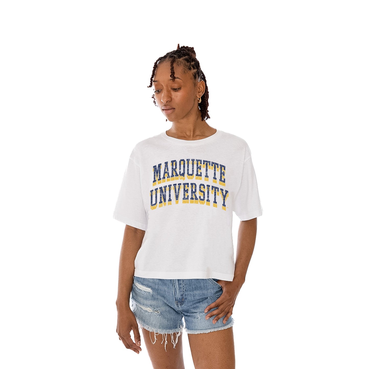 MARQUETTE GOLDEN EAGLES CLAIM TO FAME WOMEN'S MIDI-LENGTH, BOXY FIT CROPPED TEE WITH DROP SHOULDER SLEEVE