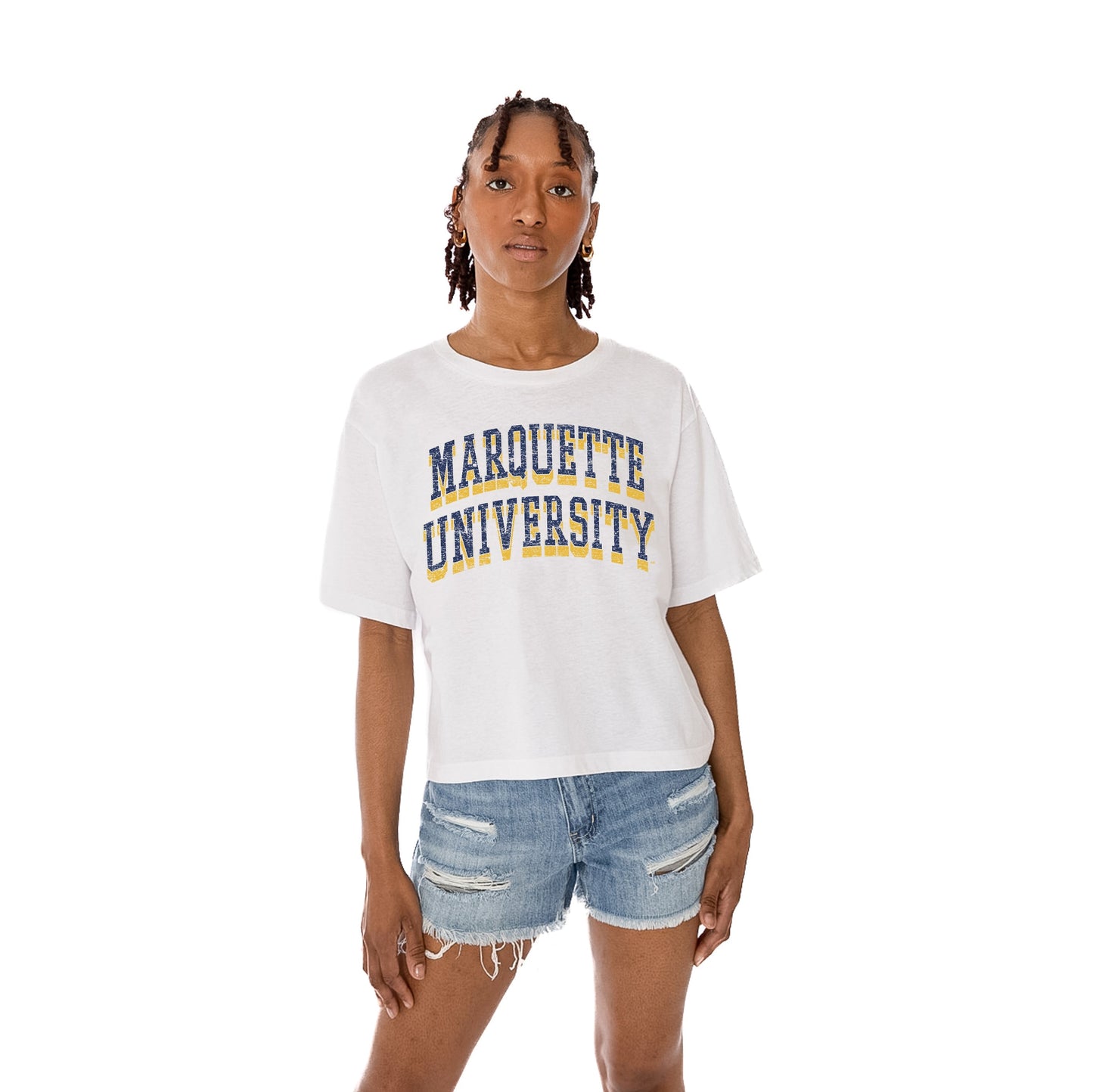 MARQUETTE GOLDEN EAGLES CLAIM TO FAME WOMEN'S MIDI-LENGTH, BOXY FIT CROPPED TEE WITH DROP SHOULDER SLEEVE