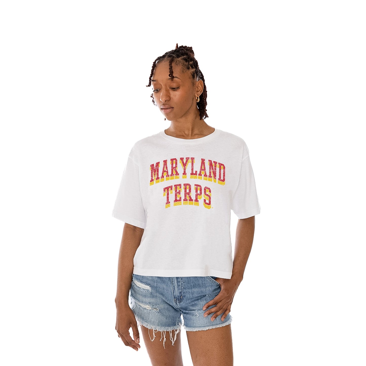 MARYLAND TERRAPINS CLAIM TO FAME WOMEN'S MIDI-LENGTH, BOXY FIT CROPPED TEE WITH DROP SHOULDER SLEEVE