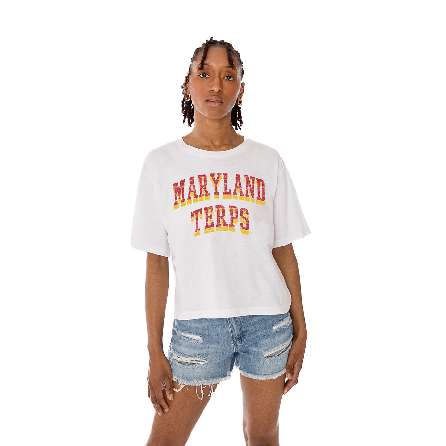 MARYLAND TERRAPINS CLAIM TO FAME WOMEN'S MIDI-LENGTH, BOXY FIT CROPPED TEE WITH DROP SHOULDER SLEEVE