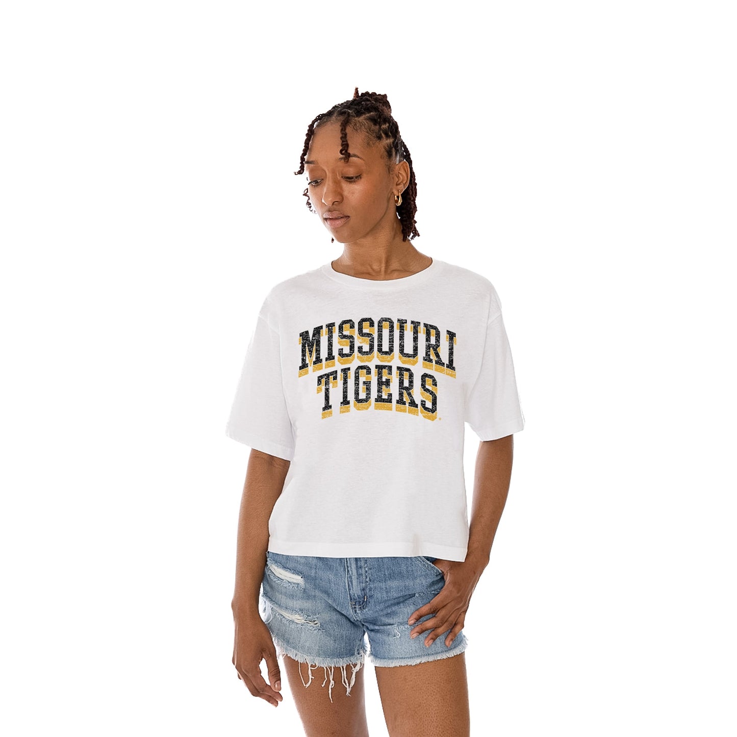 MISSOURI TIGERS CLAIM TO FAME WOMEN'S MIDI-LENGTH, BOXY FIT CROPPED TEE WITH DROP SHOULDER SLEEVE
