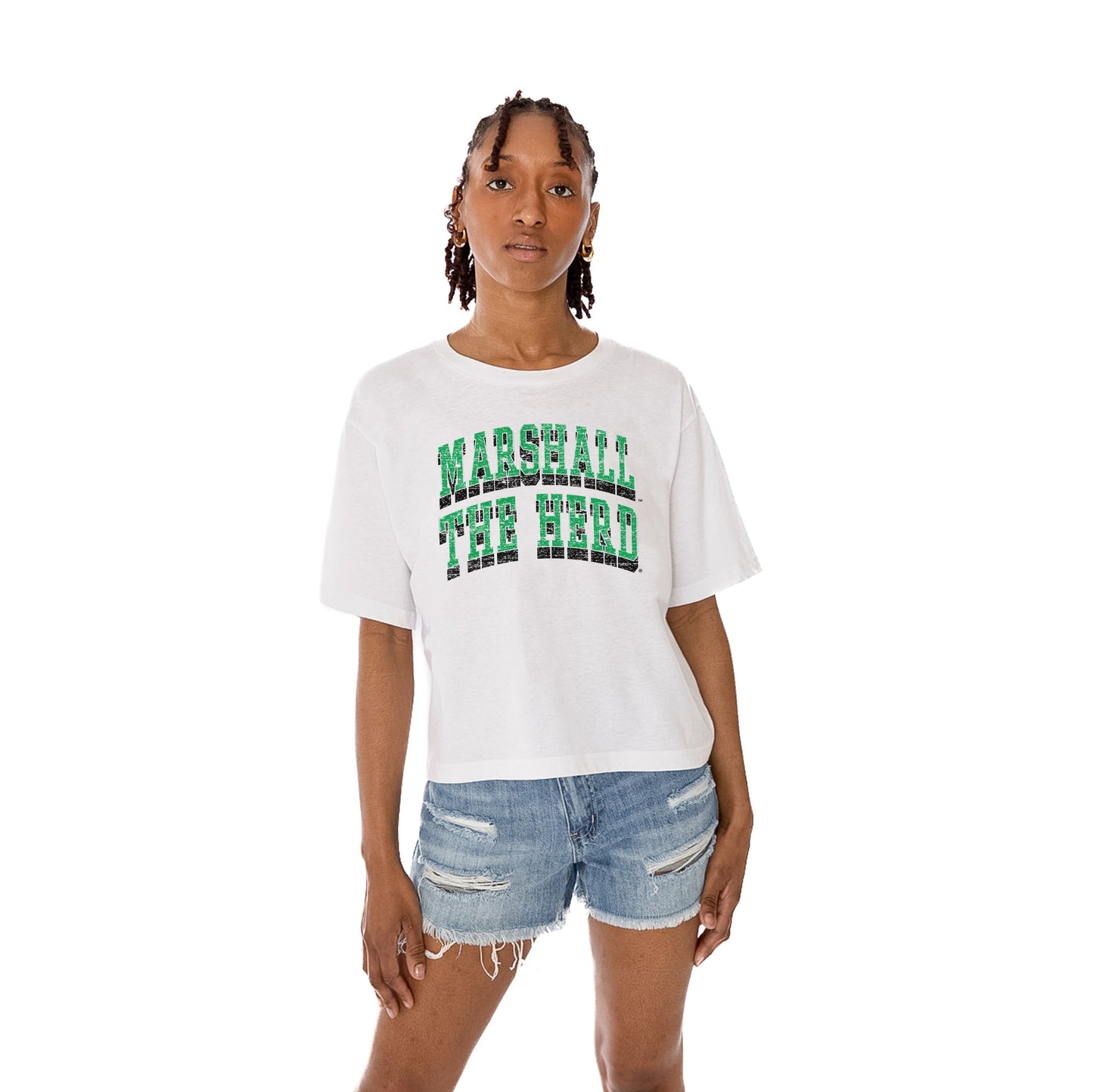 MARSHALL THUNDERING HERD CLAIM TO FAME WOMEN'S MIDI-LENGTH, BOXY FIT CROPPED TEE WITH DROP SHOULDER SLEEVE