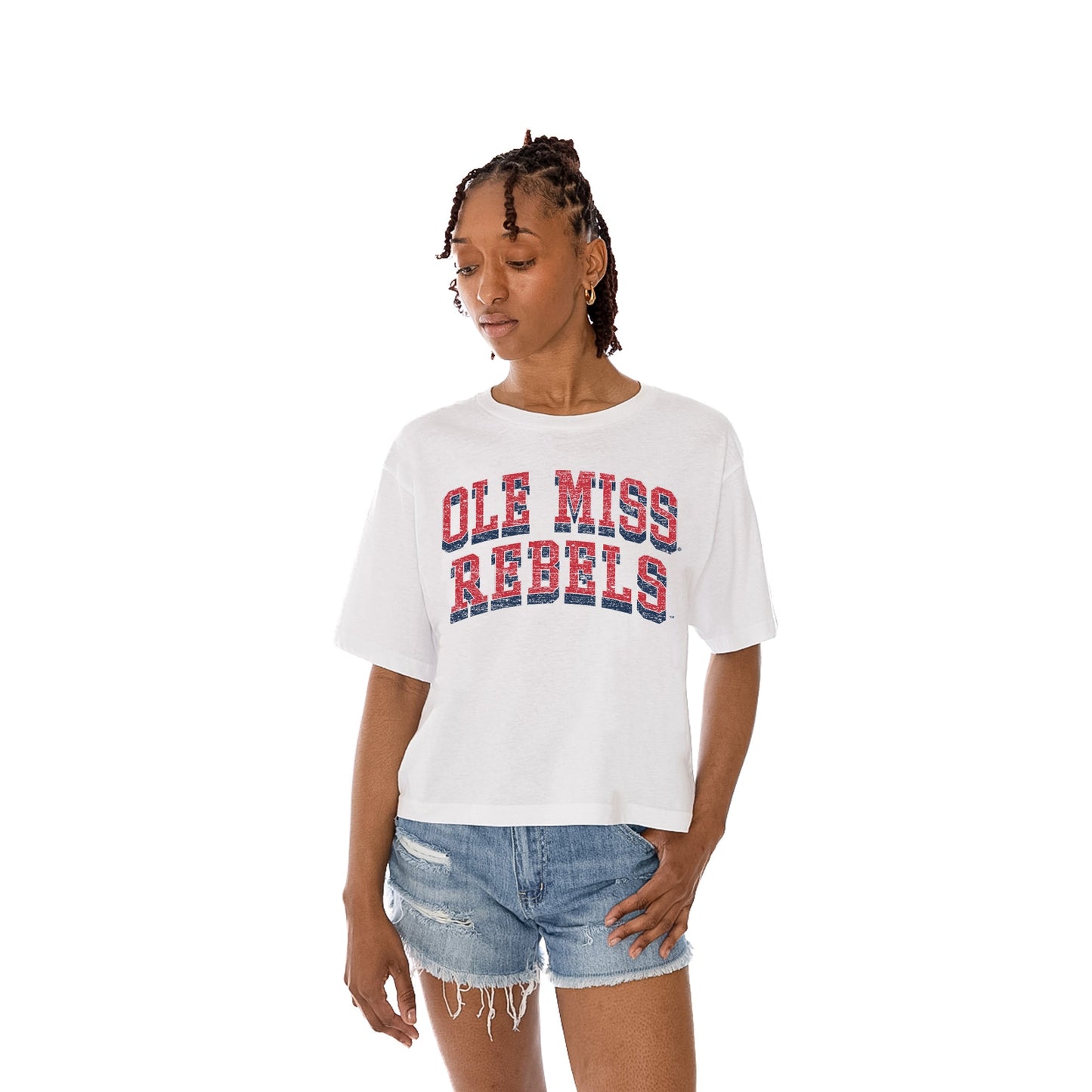 OLE MISS REBELS CLAIM TO FAME WOMEN'S MIDI-LENGTH, BOXY FIT CROPPED TEE WITH DROP SHOULDER SLEEVE