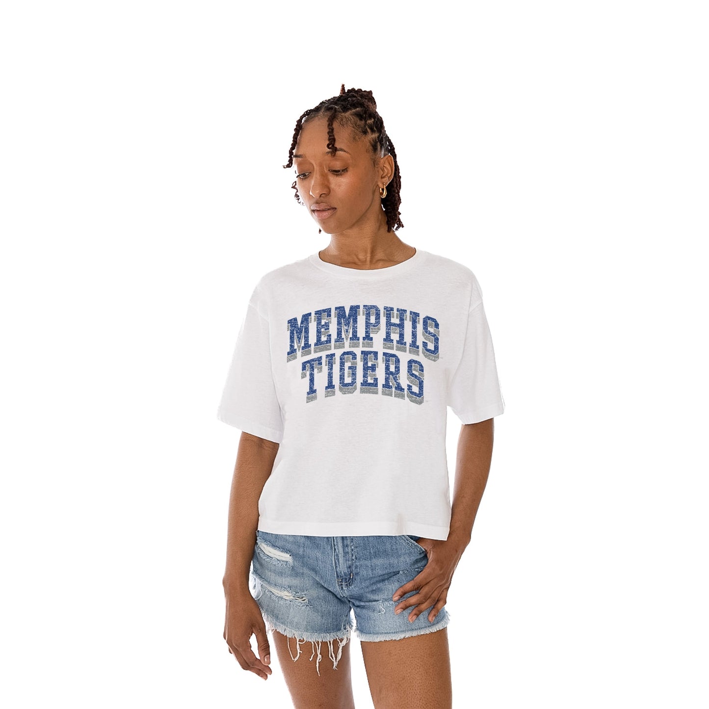 MEMPHIS TIGERS CLAIM TO FAME WOMEN'S MIDI-LENGTH, BOXY FIT CROPPED TEE WITH DROP SHOULDER SLEEVE