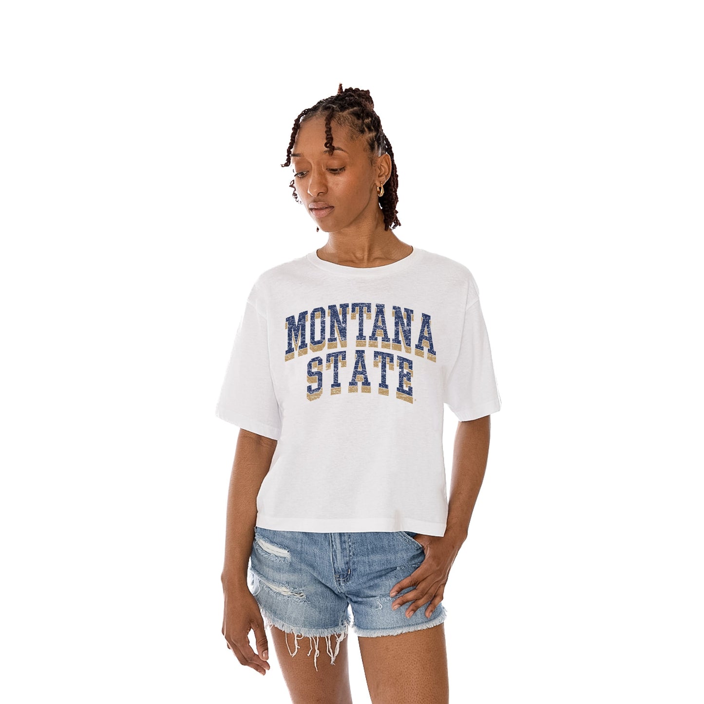 MONTANA STATE BOBCATS CLAIM TO FAME WOMEN'S MIDI-LENGTH, BOXY FIT CROPPED TEE WITH DROP SHOULDER SLEEVE