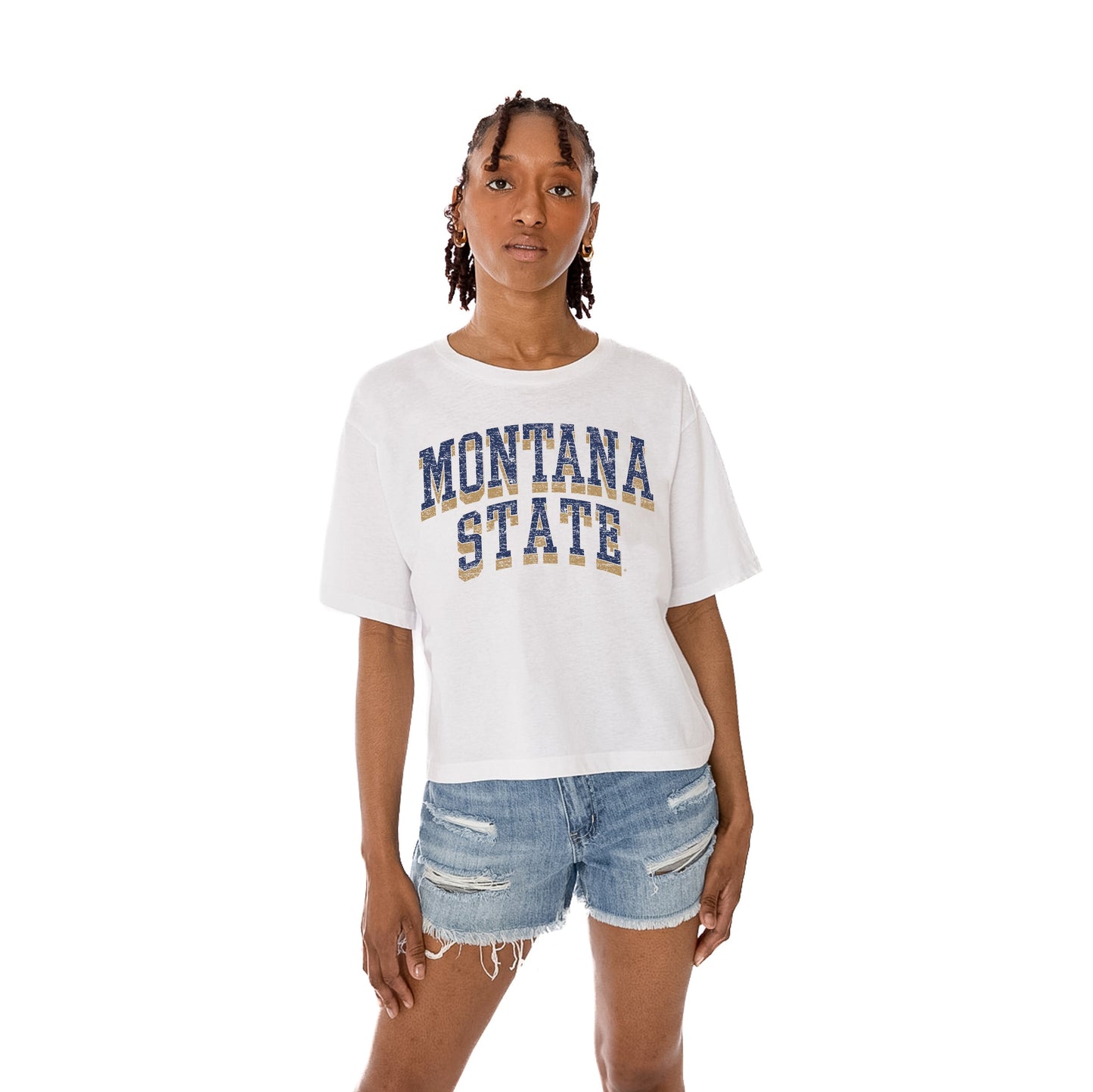 MONTANA STATE BOBCATS CLAIM TO FAME WOMEN'S MIDI-LENGTH, BOXY FIT CROPPED TEE WITH DROP SHOULDER SLEEVE