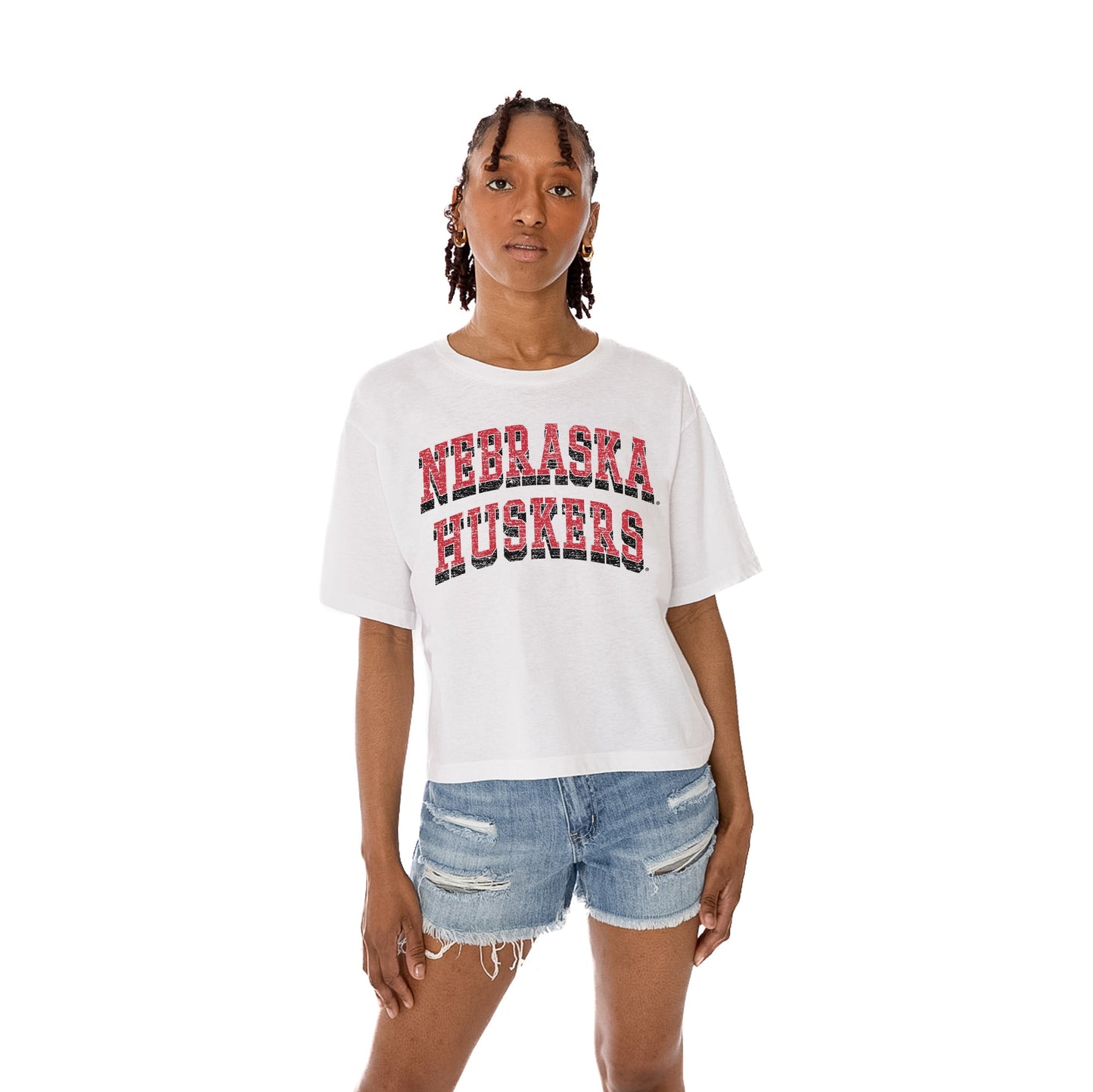 NEBRASKA CORNHUSKERS CLAIM TO FAME WOMEN'S MIDI-LENGTH, BOXY FIT CROPPED TEE WITH DROP SHOULDER SLEEVE