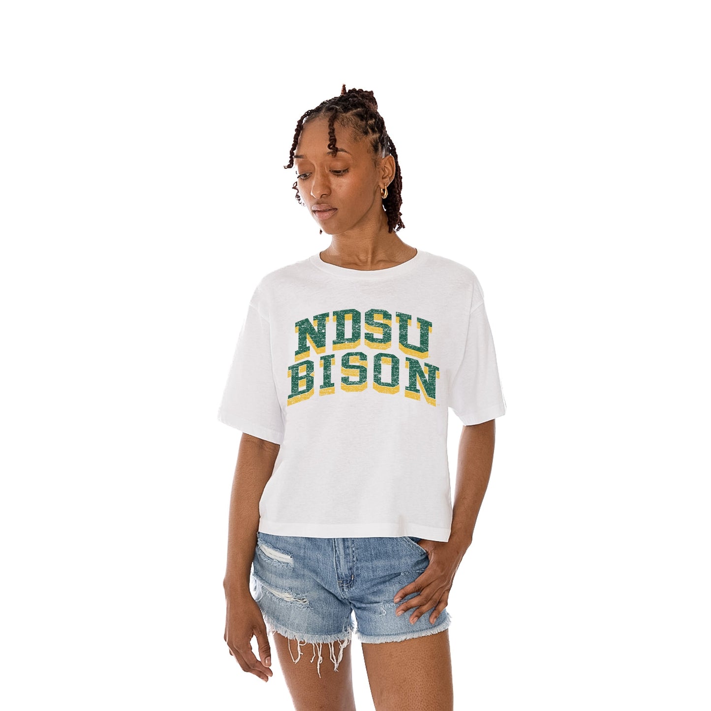 NORTH DAKOTA STATE BISON CLAIM TO FAME WOMEN'S MIDI-LENGTH, BOXY FIT CROPPED TEE WITH DROP SHOULDER SLEEVE