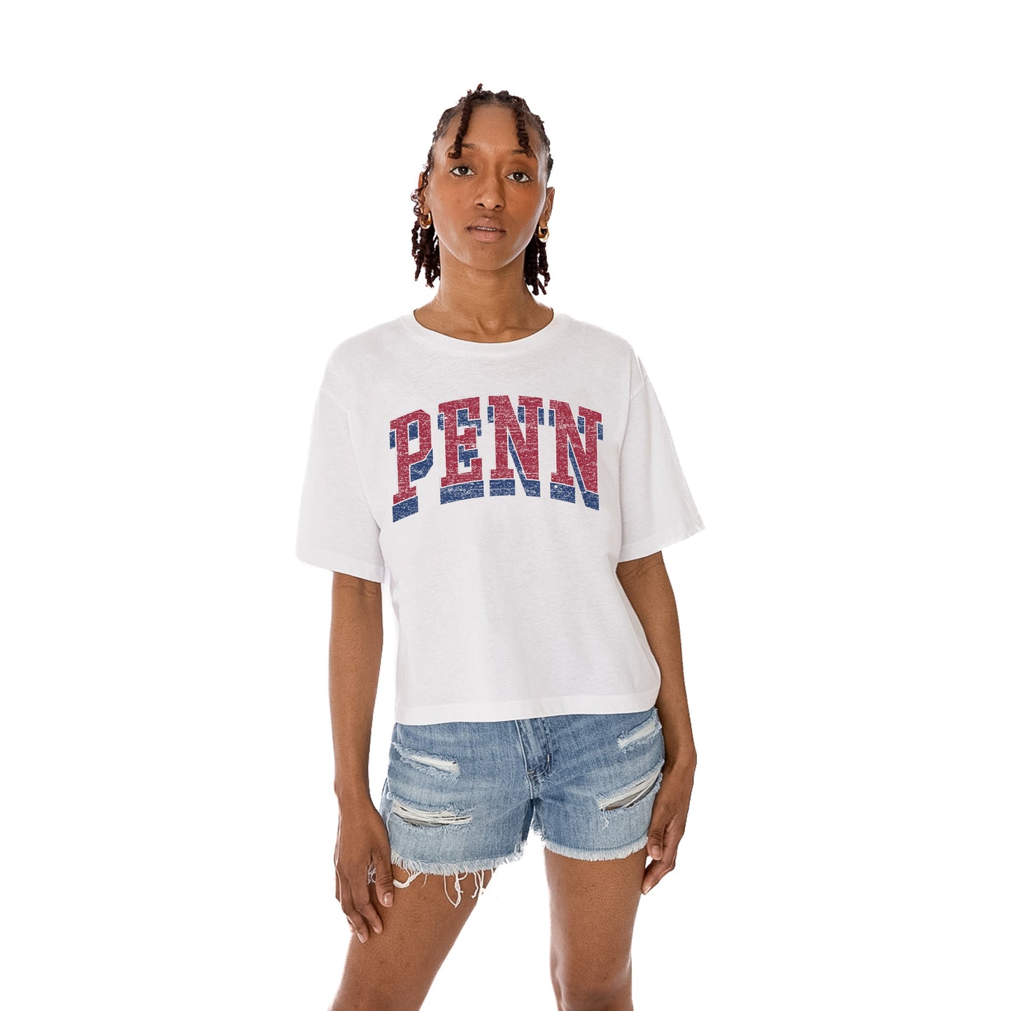PENNSYLVANIA QUAKERS CLAIM TO FAME WOMEN'S MIDI-LENGTH, BOXY FIT CROPPED TEE WITH DROP SHOULDER SLEEVE
