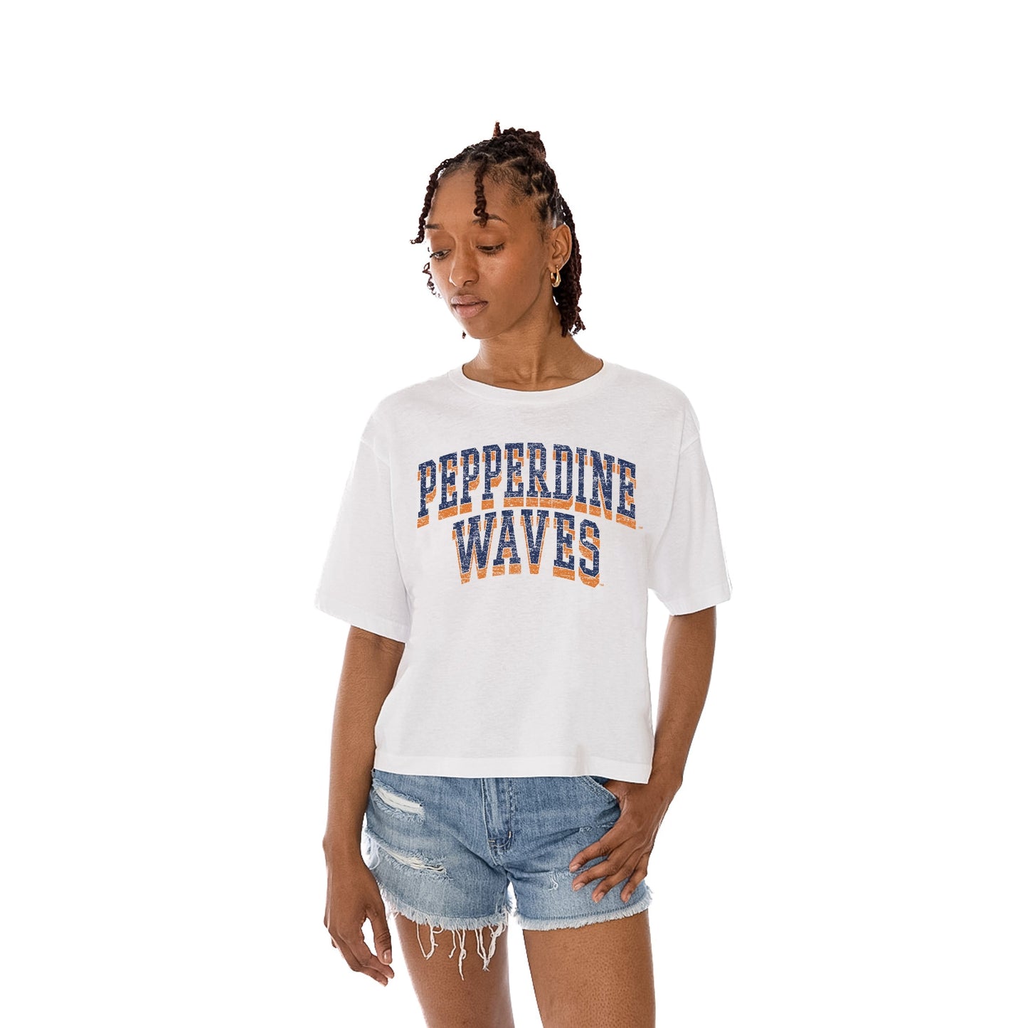 PEPPERDINE WAVES CLAIM TO FAME WOMEN'S MIDI-LENGTH, BOXY FIT CROPPED TEE WITH DROP SHOULDER SLEEVE