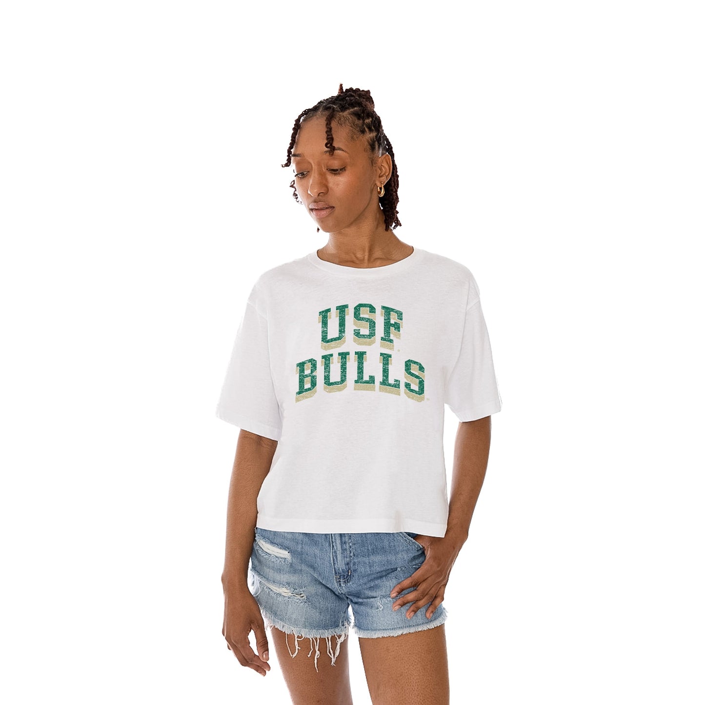 SOUTH FLORIDA BULLS CLAIM TO FAME WOMEN'S MIDI-LENGTH, BOXY FIT CROPPED TEE WITH DROP SHOULDER SLEEVE