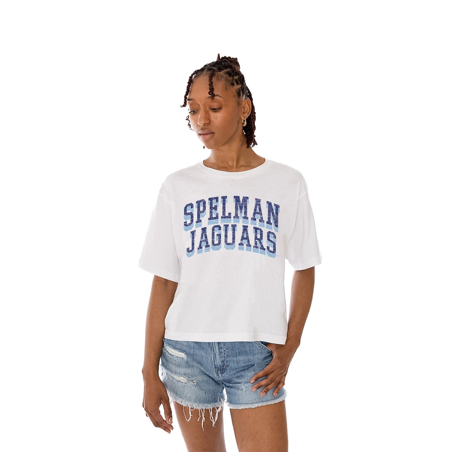 SPELMAN COLLEGE JAGUARS CLAIM TO FAME WOMEN'S MIDI-LENGTH, BOXY FIT CROPPED TEE WITH DROP SHOULDER SLEEVE