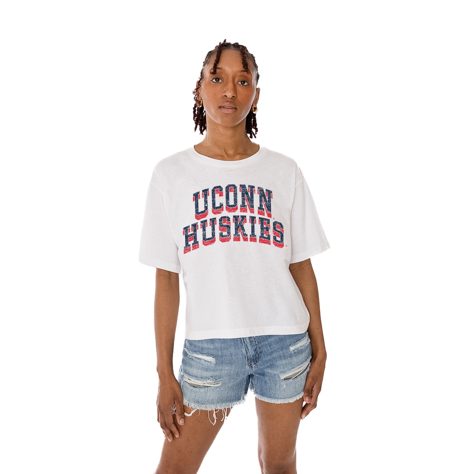 UCONN HUSKIES CLAIM TO FAME WOMEN'S MIDI-LENGTH, BOXY FIT CROPPED TEE WITH DROP SHOULDER SLEEVE