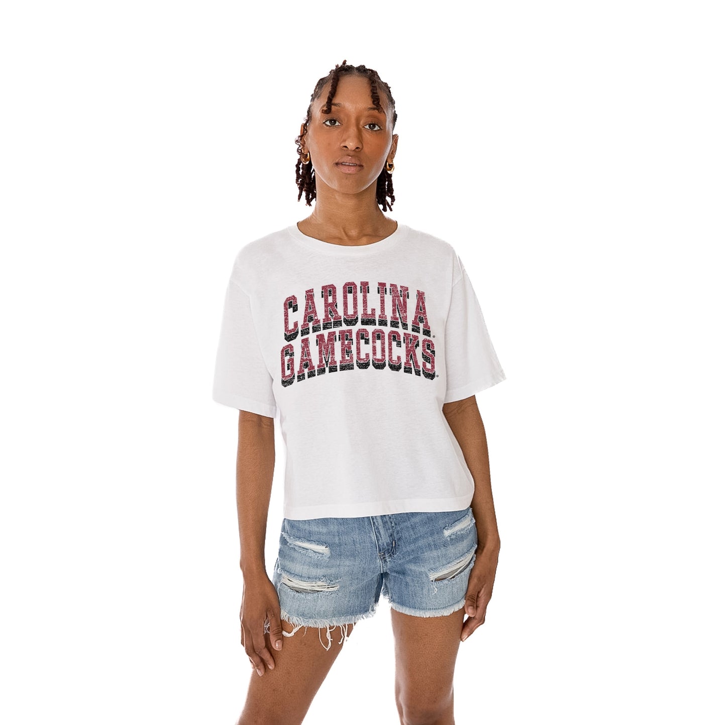 SOUTH CAROLINA GAMECOCKS CLAIM TO FAME WOMEN'S MIDI-LENGTH, BOXY FIT CROPPED TEE WITH DROP SHOULDER SLEEVE