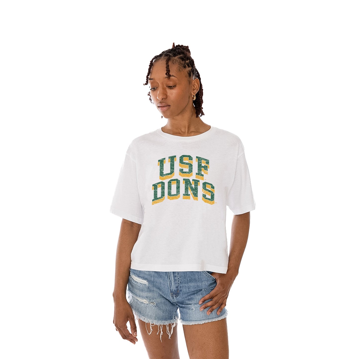 SAN FRANCISCO DONS CLAIM TO FAME WOMEN'S MIDI-LENGTH, BOXY FIT CROPPED TEE WITH DROP SHOULDER SLEEVE