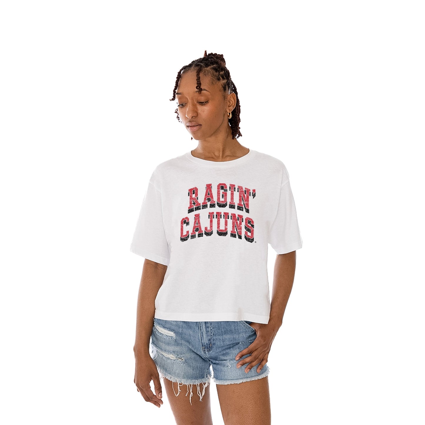 LOUISIANA RAGIN' CAJUNS CLAIM TO FAME WOMEN'S MIDI-LENGTH, BOXY FIT CROPPED TEE WITH DROP SHOULDER SLEEVE