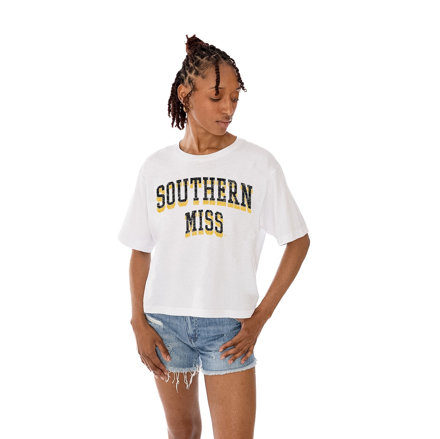 SOUTHERN MISS GOLDEN EAGLES CLAIM TO FAME WOMEN'S MIDI-LENGTH, BOXY FIT CROPPED TEE WITH DROP SHOULDER SLEEVE
