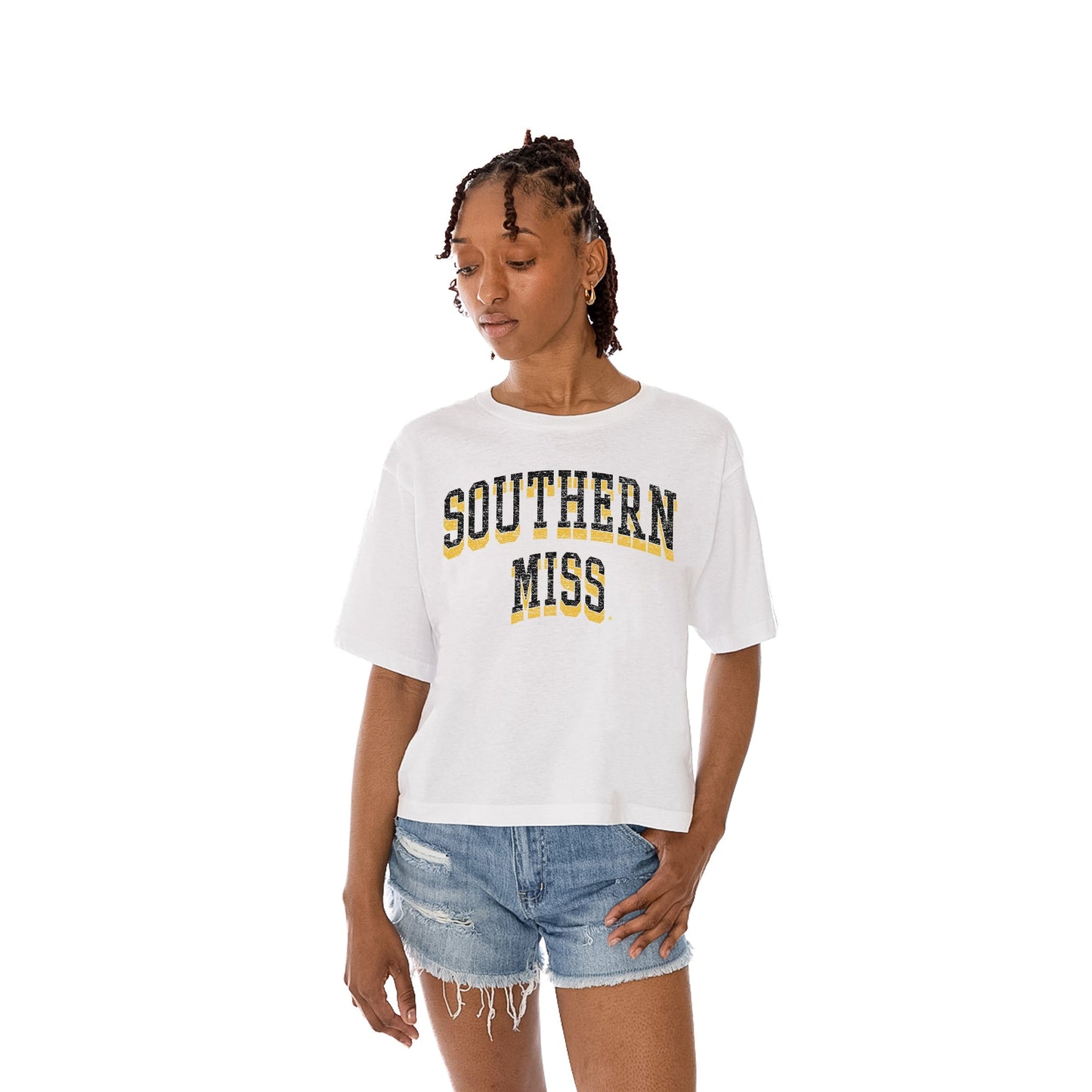 SOUTHERN MISS GOLDEN EAGLES CLAIM TO FAME WOMEN'S MIDI-LENGTH, BOXY FIT CROPPED TEE WITH DROP SHOULDER SLEEVE