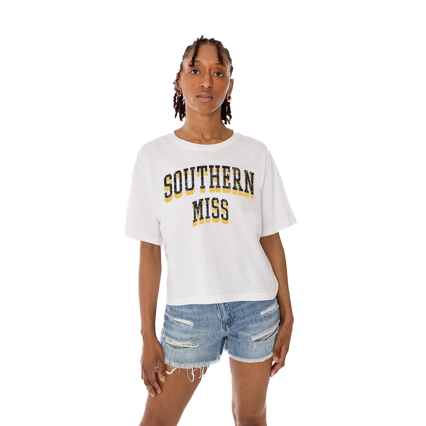 SOUTHERN MISS GOLDEN EAGLES CLAIM TO FAME WOMEN'S MIDI-LENGTH, BOXY FIT CROPPED TEE WITH DROP SHOULDER SLEEVE