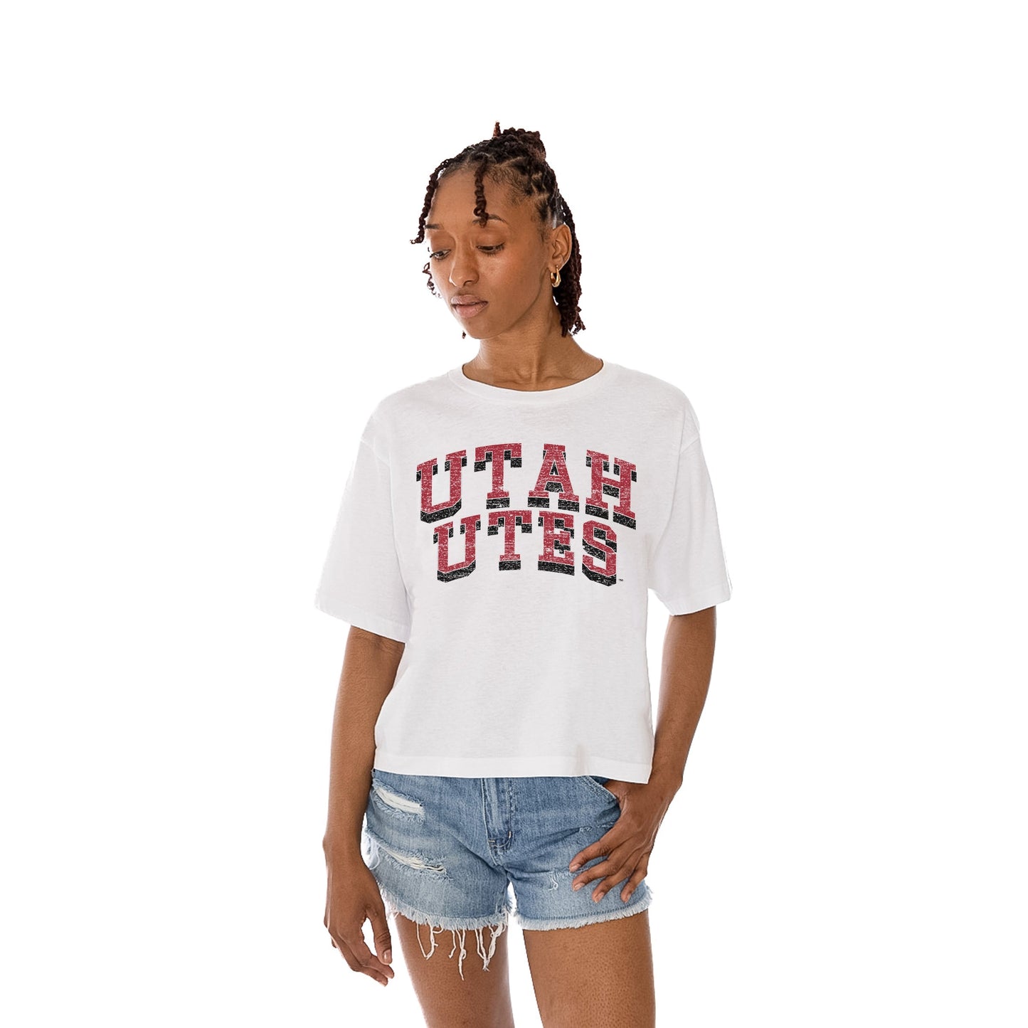 UTAH UTES CLAIM TO FAME WOMEN'S MIDI-LENGTH, BOXY FIT CROPPED TEE WITH DROP SHOULDER SLEEVE