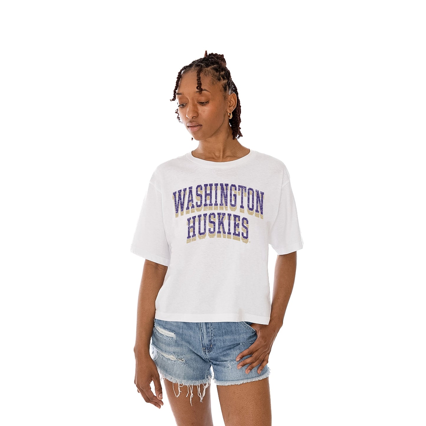 WASHINGTON HUSKIES CLAIM TO FAME WOMEN'S MIDI-LENGTH, BOXY FIT CROPPED TEE WITH DROP SHOULDER SLEEVE