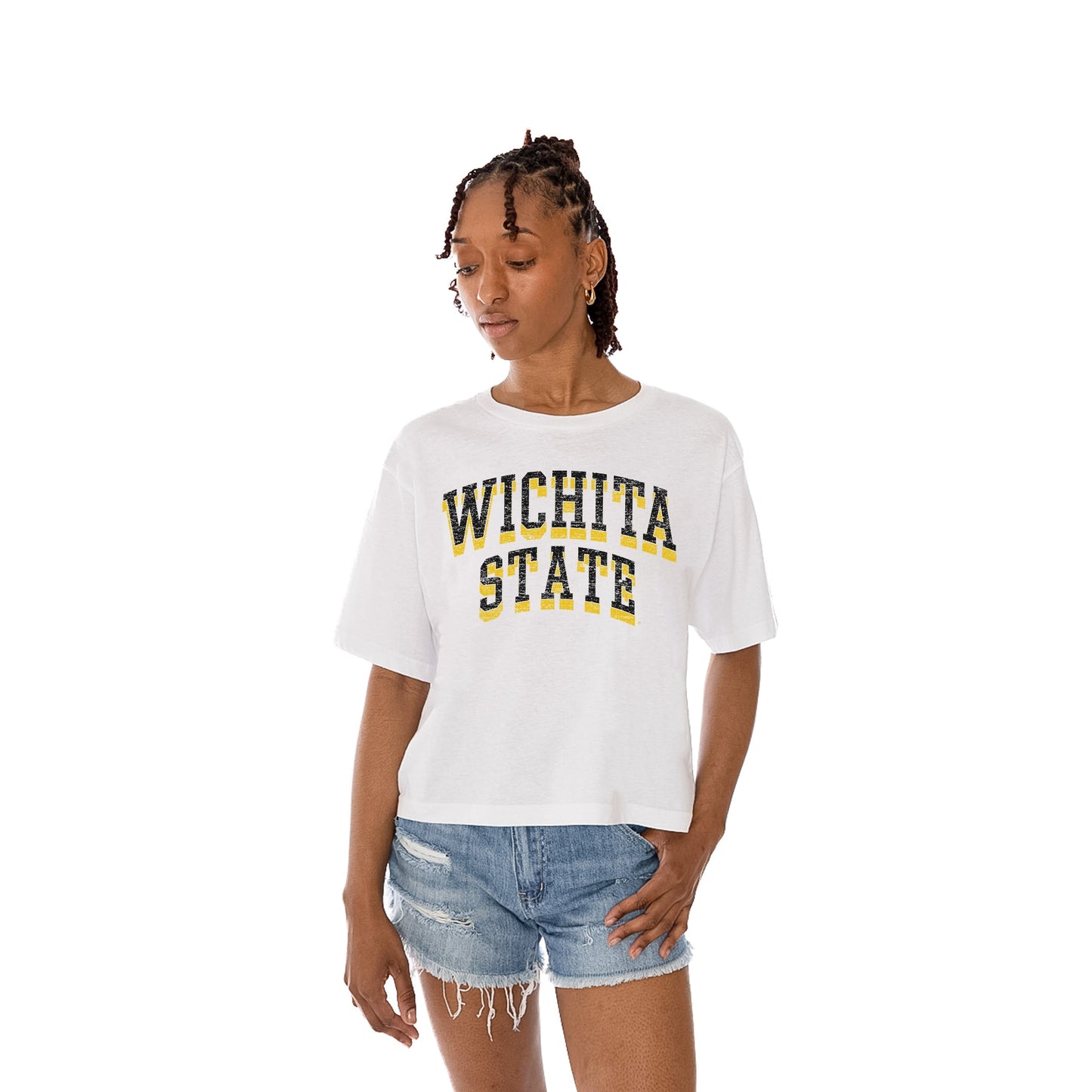 WICHITA STATE SHOCKERS CLAIM TO FAME WOMEN'S MIDI-LENGTH, BOXY FIT CROPPED TEE WITH DROP SHOULDER SLEEVE