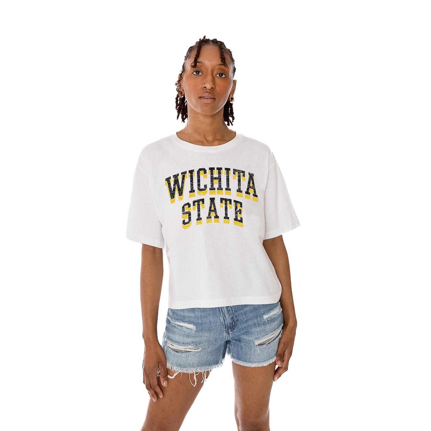 WICHITA STATE SHOCKERS CLAIM TO FAME WOMEN'S MIDI-LENGTH, BOXY FIT CROPPED TEE WITH DROP SHOULDER SLEEVE