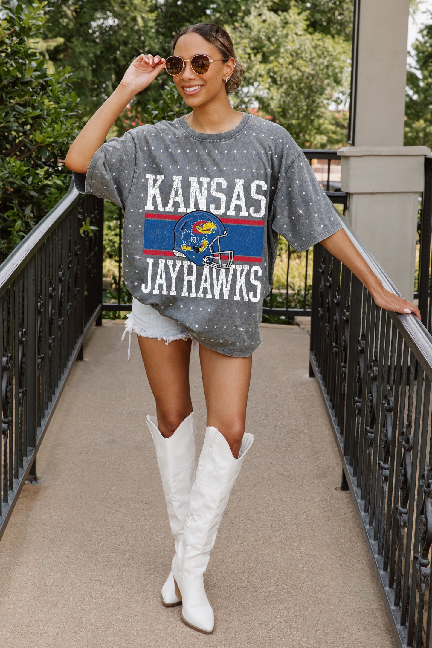 KANSAS JAYHAWKS ON THE BALL OVERSIZED ALL-OVER MINI RHINESTONE SHORT SLEEVE CLASSIC TEE WITH RIBBED NECKLINE