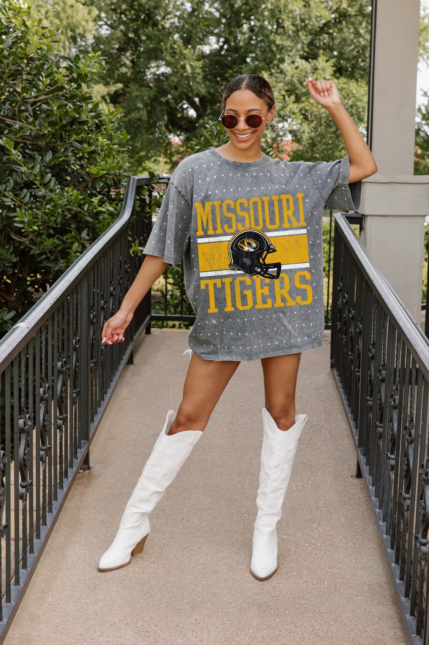 MISSOURI TIGERS ON THE BALL OVERSIZED ALL-OVER MINI RHINESTONE SHORT SLEEVE CLASSIC TEE WITH RIBBED NECKLINE